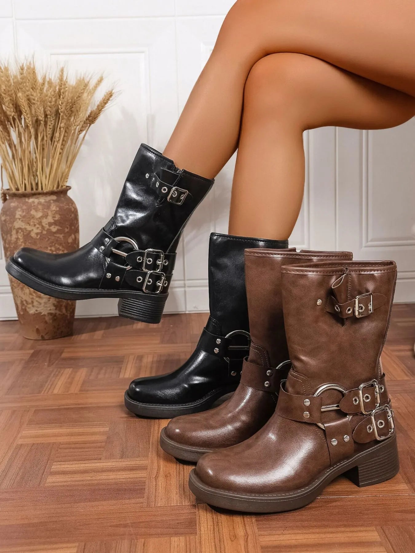 Round Toe Block Heels Boots - Flip Flop Dynasty