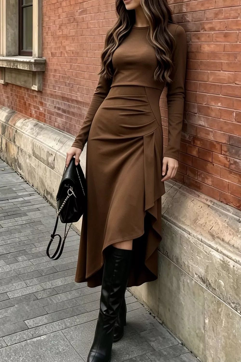 Ruched Asymmetrical Hem Long Sleeve Dress - Flip Flop Dynasty