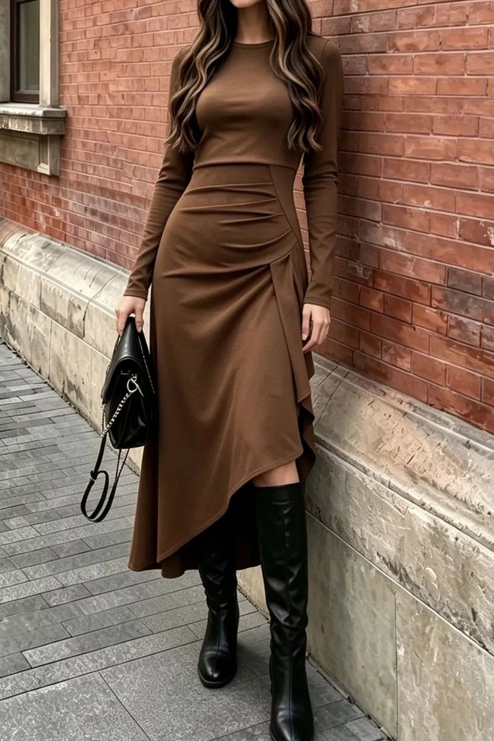 Ruched Asymmetrical Hem Long Sleeve Dress - Flip Flop Dynasty