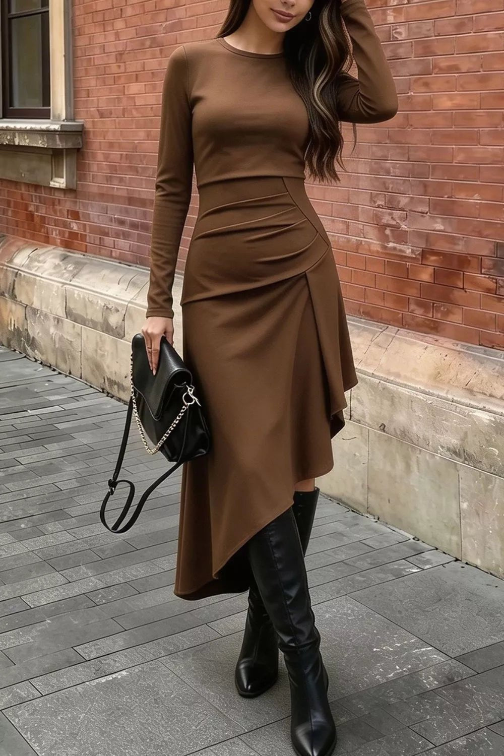 Ruched Asymmetrical Hem Long Sleeve Dress - Flip Flop Dynasty