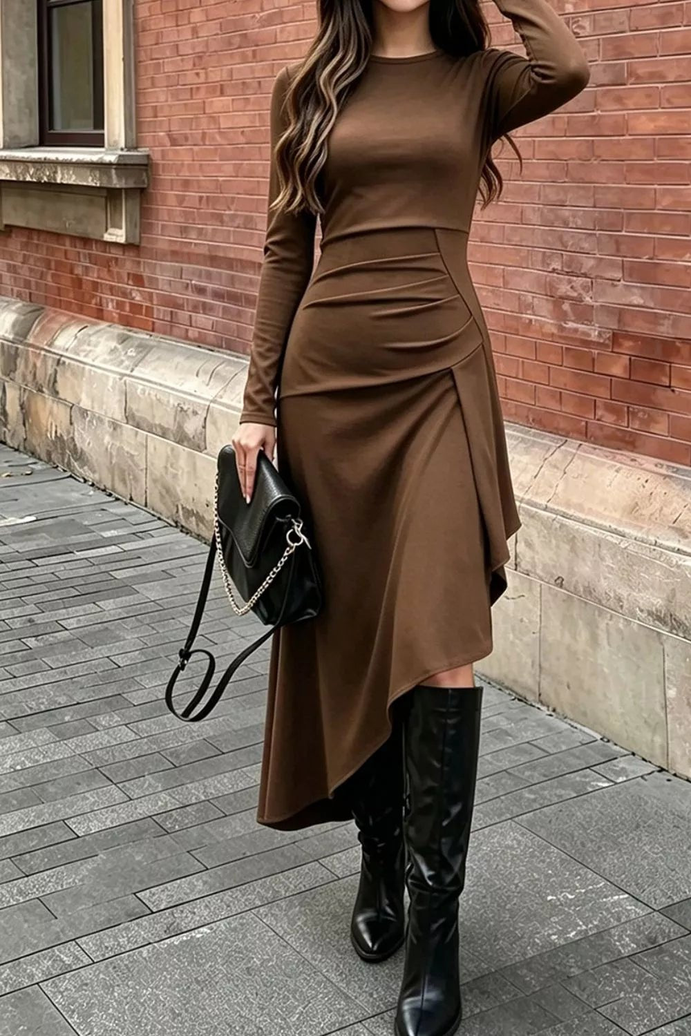 Ruched Asymmetrical Hem Long Sleeve Dress - Flip Flop Dynasty