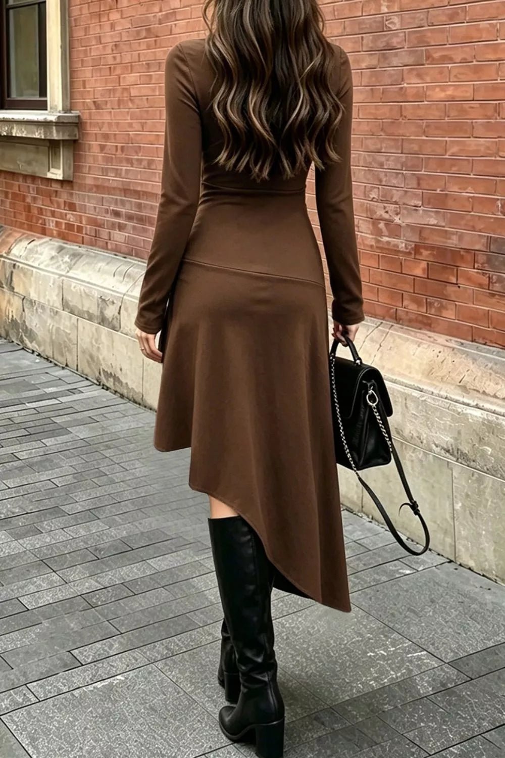 Ruched Asymmetrical Hem Long Sleeve Dress - Flip Flop Dynasty