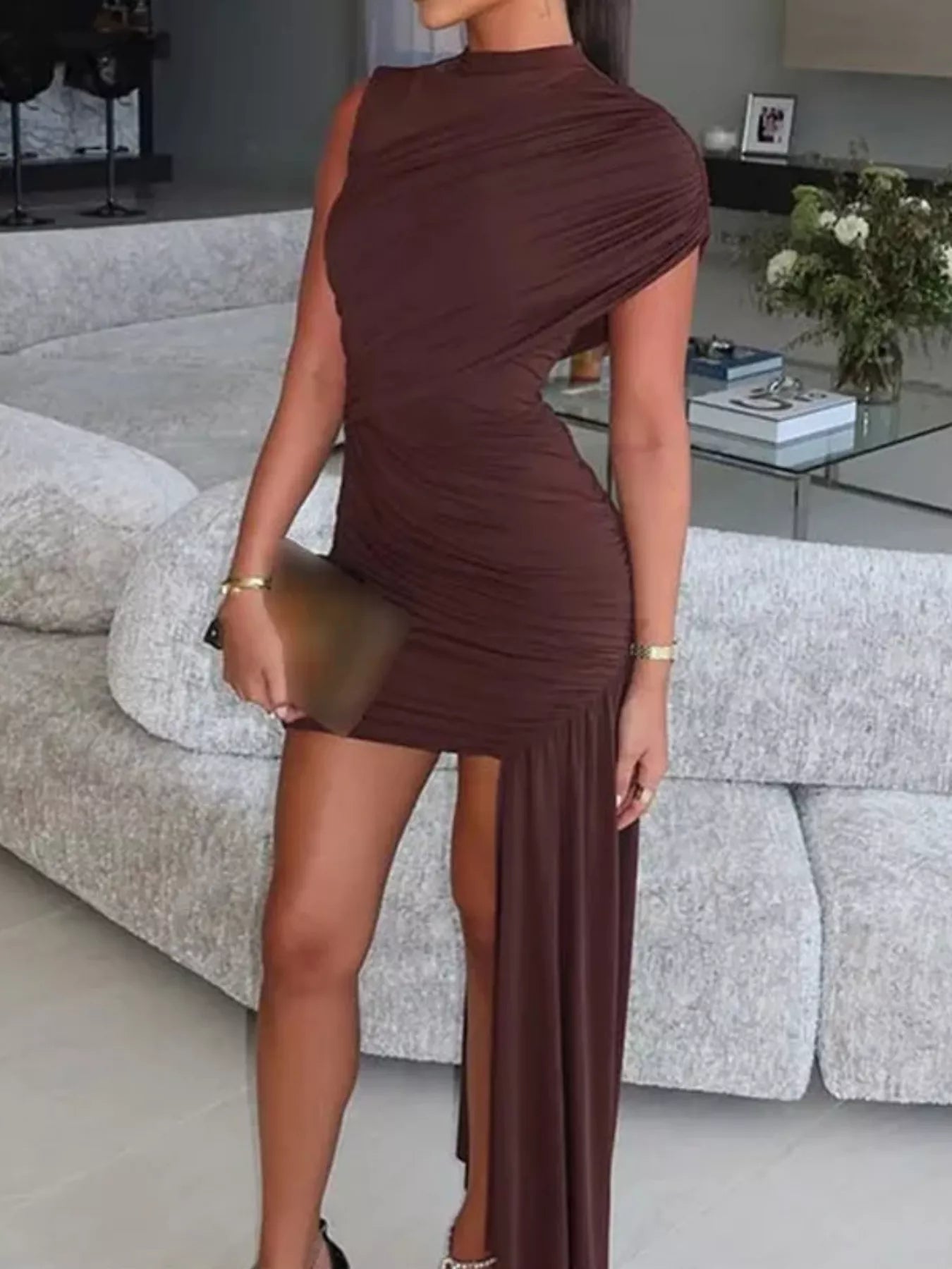 Ruched Asymmetrical Mock Neck Dress - Flip Flop Dynasty