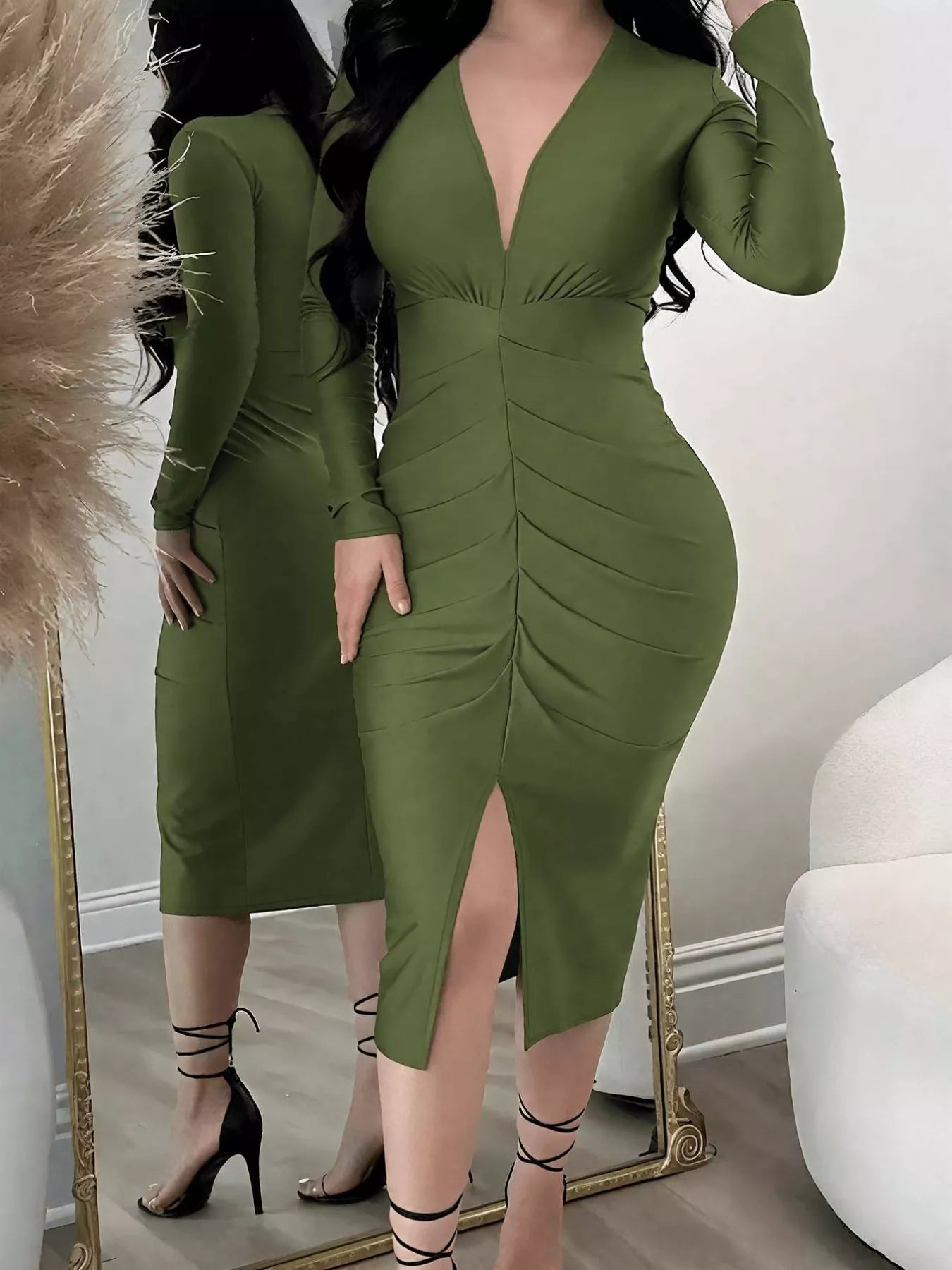 Ruched Deep V - Neck Bodycon Midi Dress - Flip Flop Dynasty