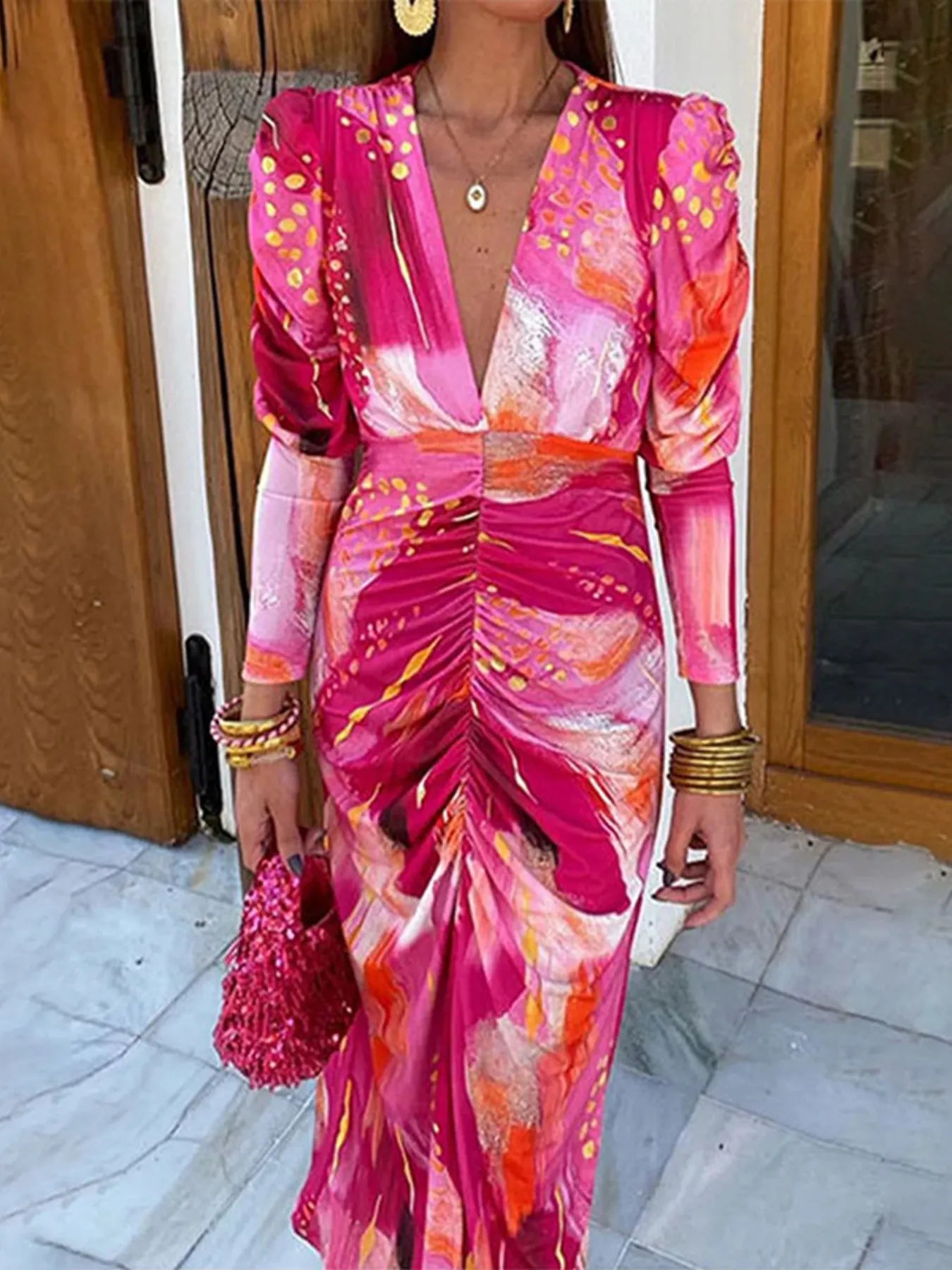 Ruched Front V - Neck Long Sleeve Maxi Dress - Flip Flop Dynasty