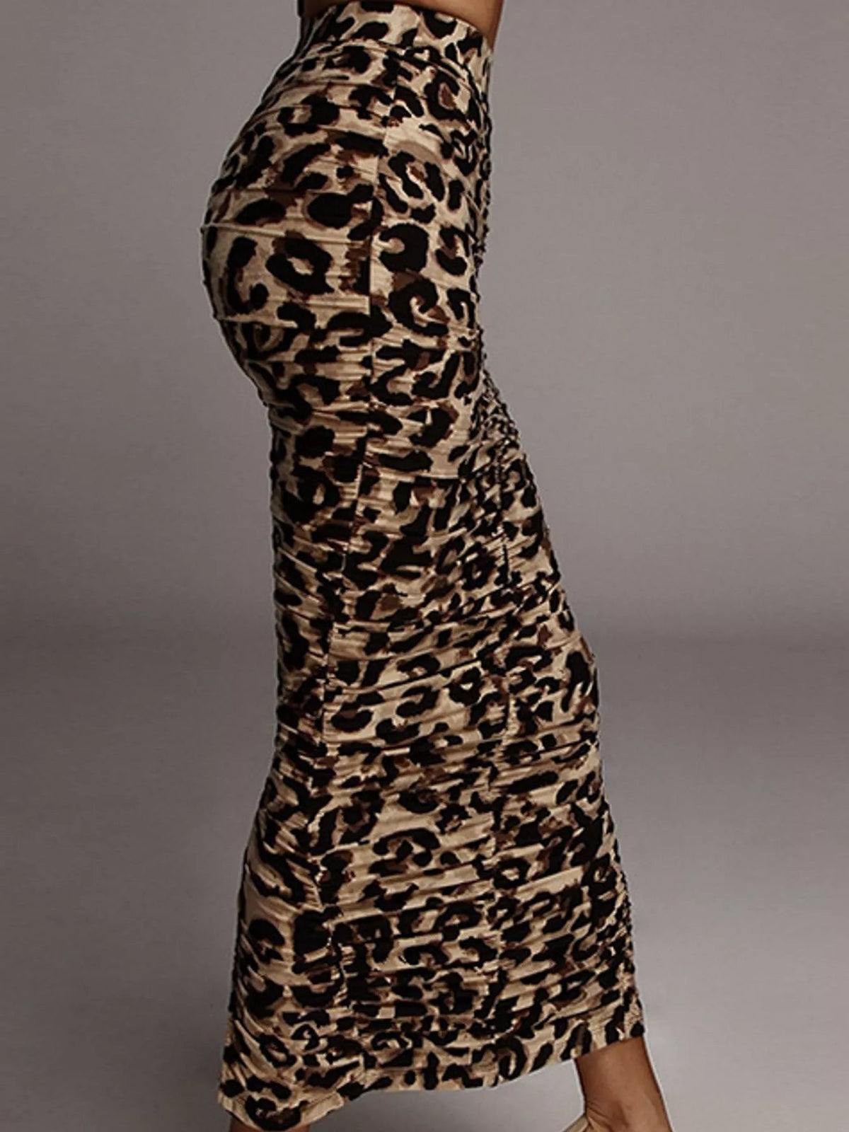 Ruched Leopard Print Slit Skirt - Flip Flop Dynasty