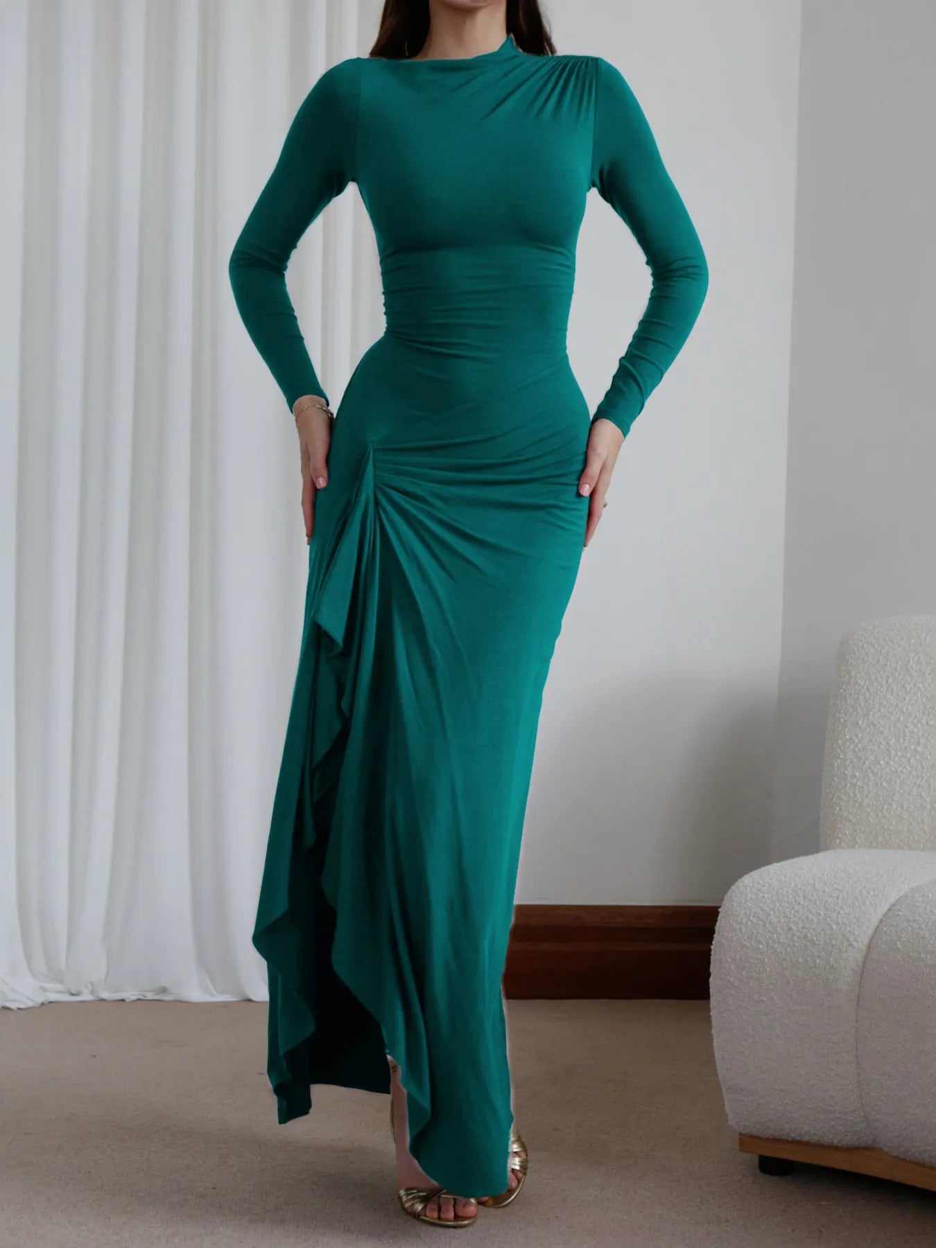 Ruched Long Sleeve Maxi Dress - Flip Flop Dynasty
