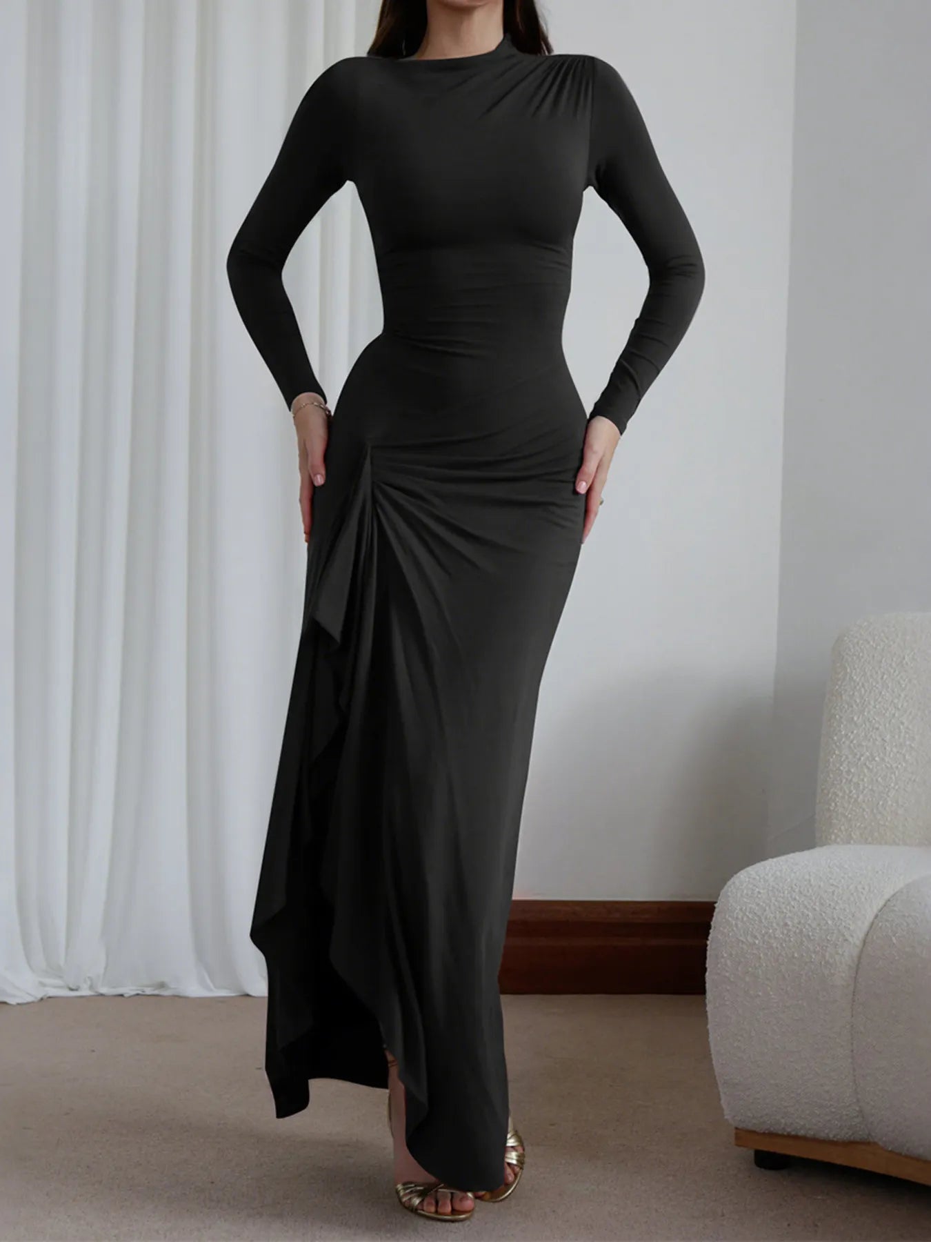 Ruched Long Sleeve Maxi Dress - Flip Flop Dynasty