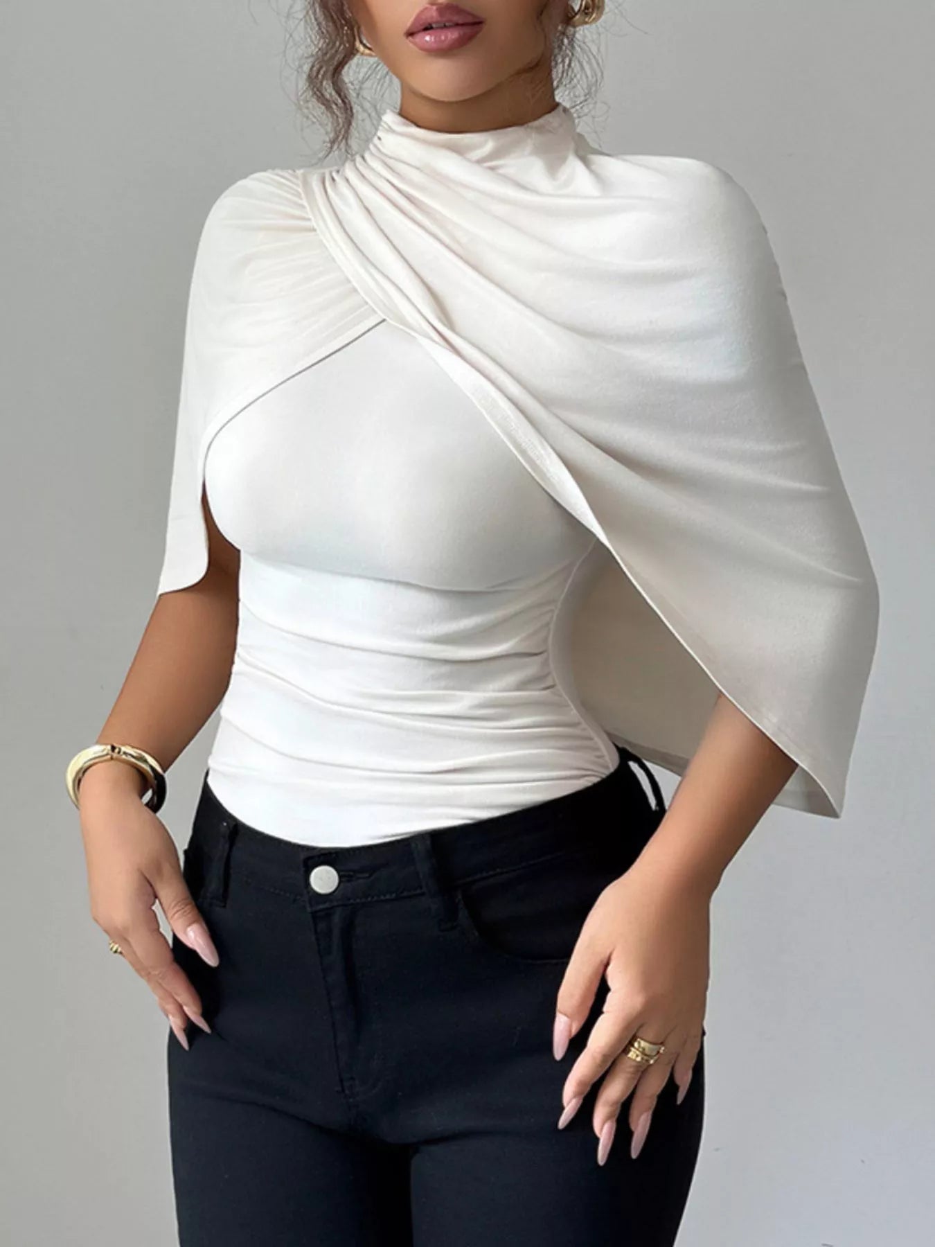 Ruched Mock Neck Shawl Half Sleeve Top - Flip Flop Dynasty