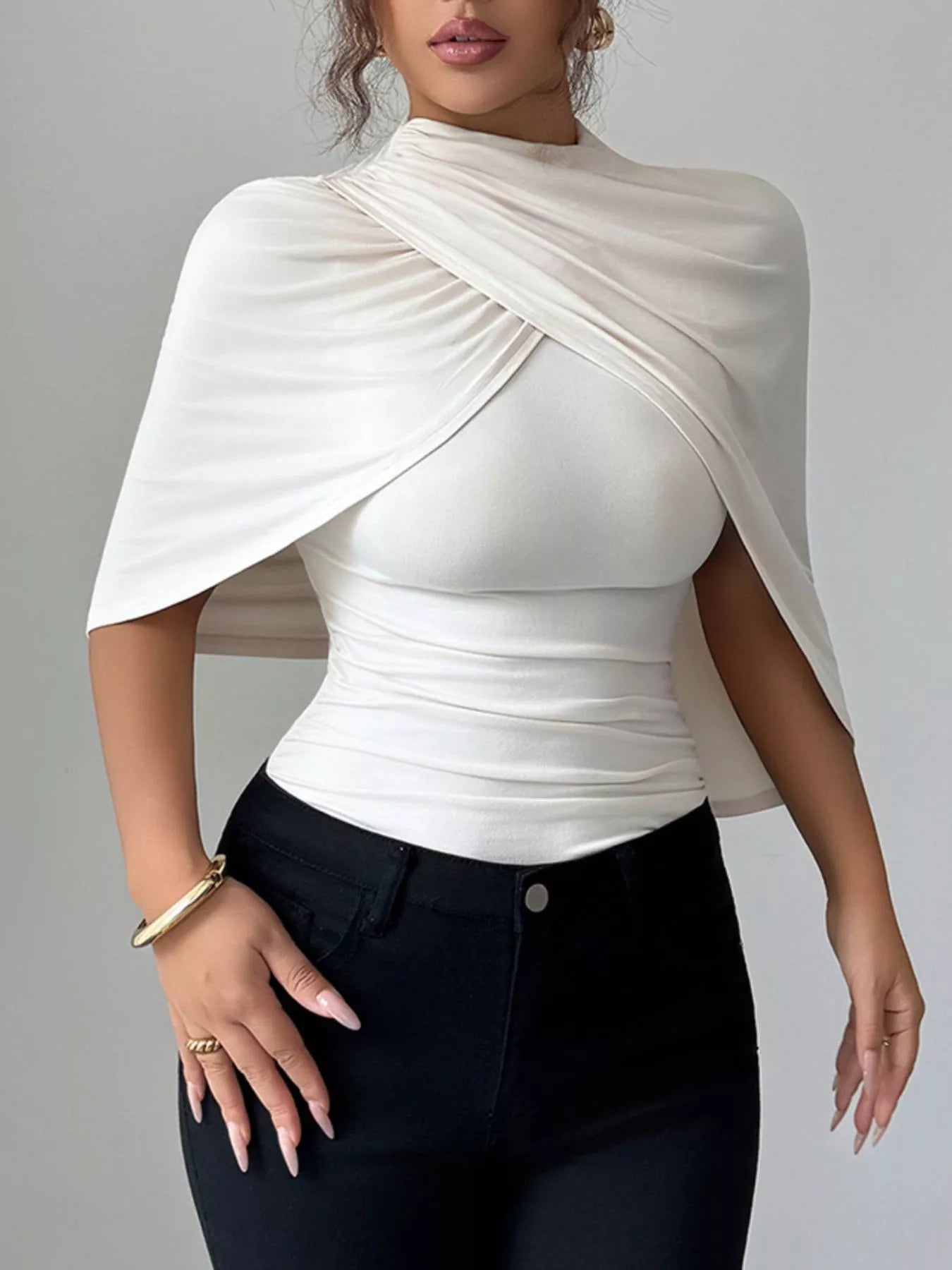 Ruched Mock Neck Shawl Half Sleeve Top - Flip Flop Dynasty