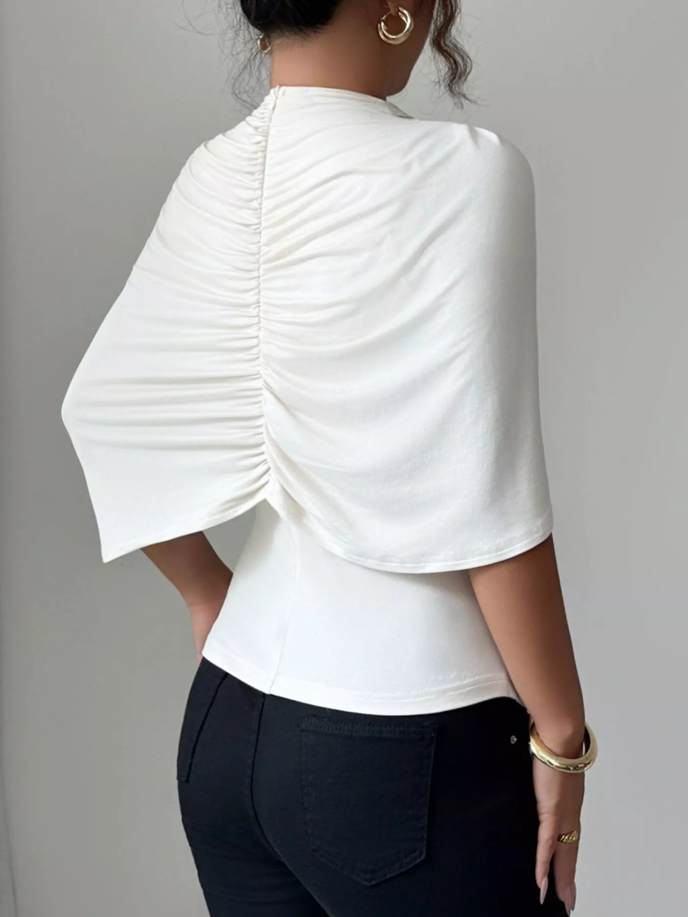 Ruched Mock Neck Shawl Half Sleeve Top - Flip Flop Dynasty
