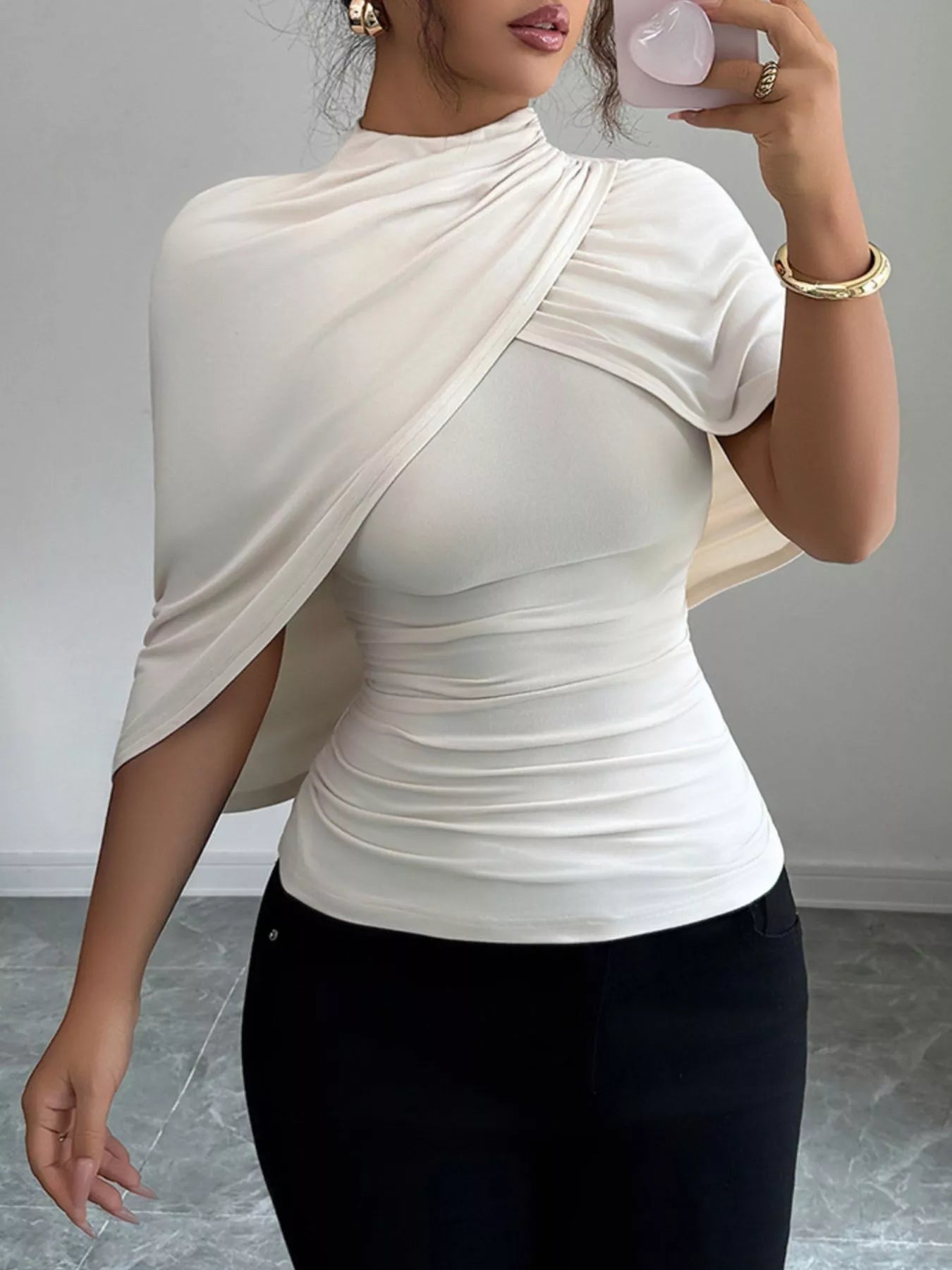 Ruched Mock Neck Shawl Half Sleeve Top - Flip Flop Dynasty