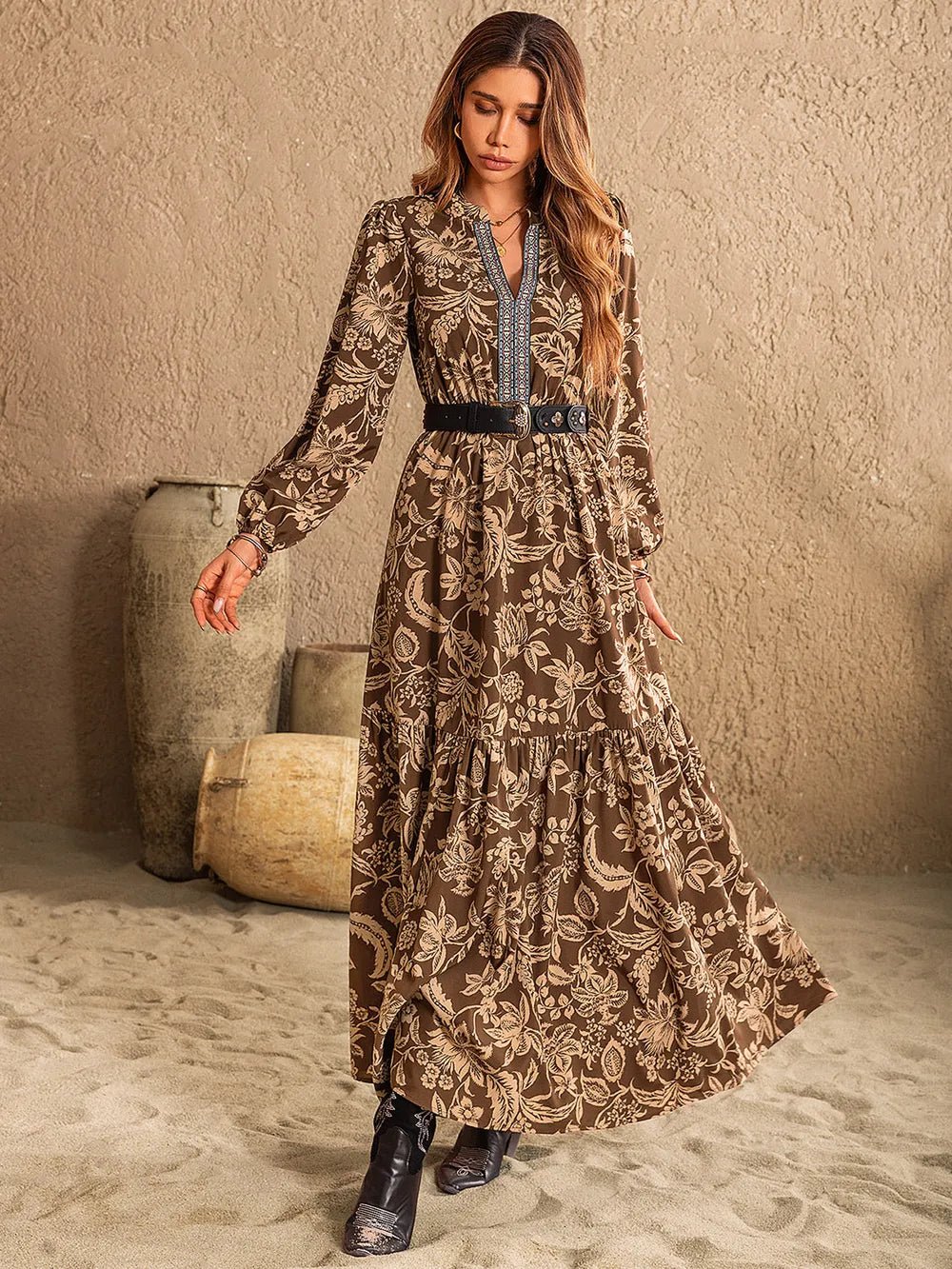 Ruched Printed Notched Long Sleeve Maxi Dress - Flip Flop Dynasty