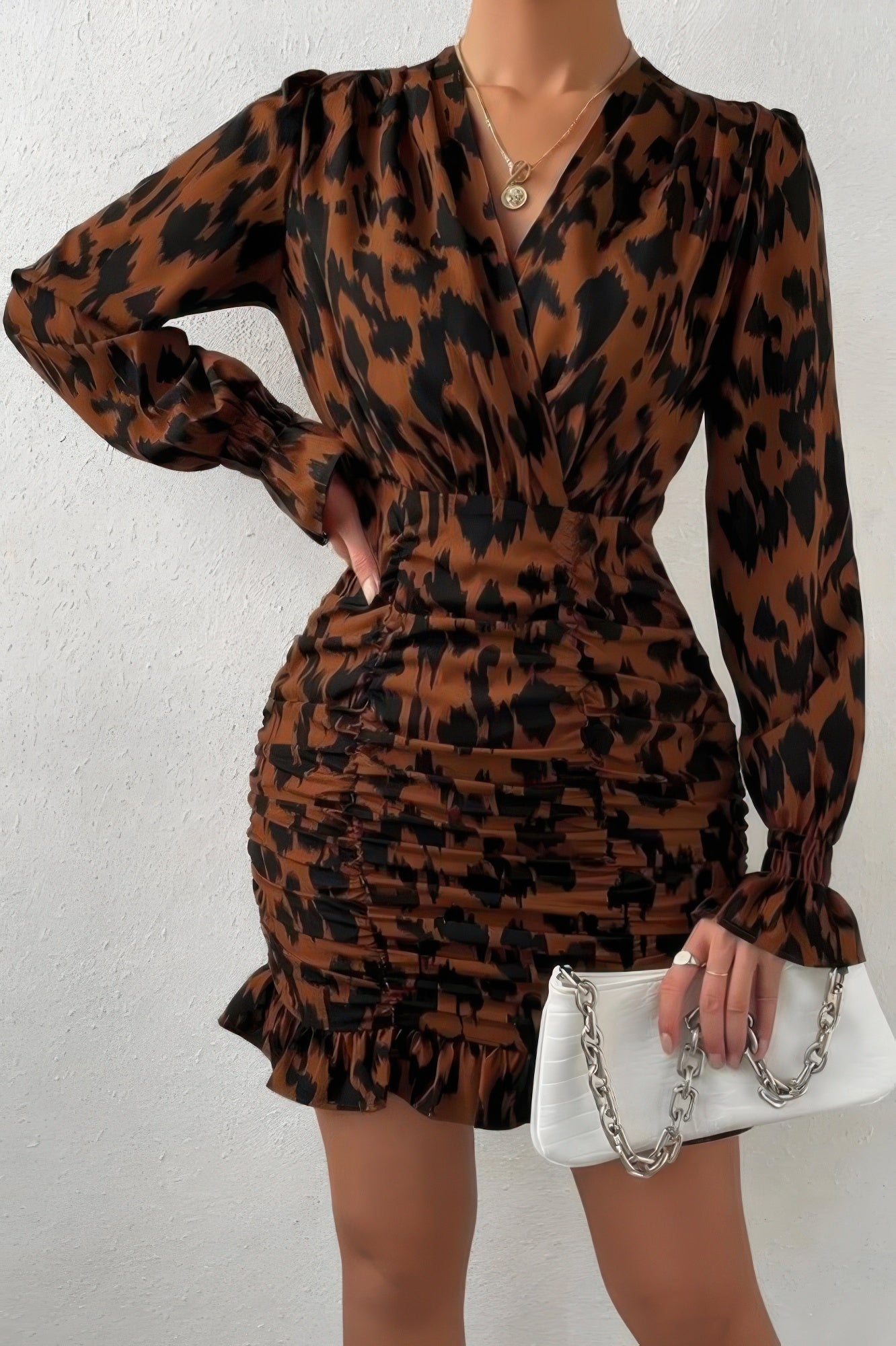 Ruched Ruffled Leopard Long Sleeve Fit Dress - Flip Flop Dynasty