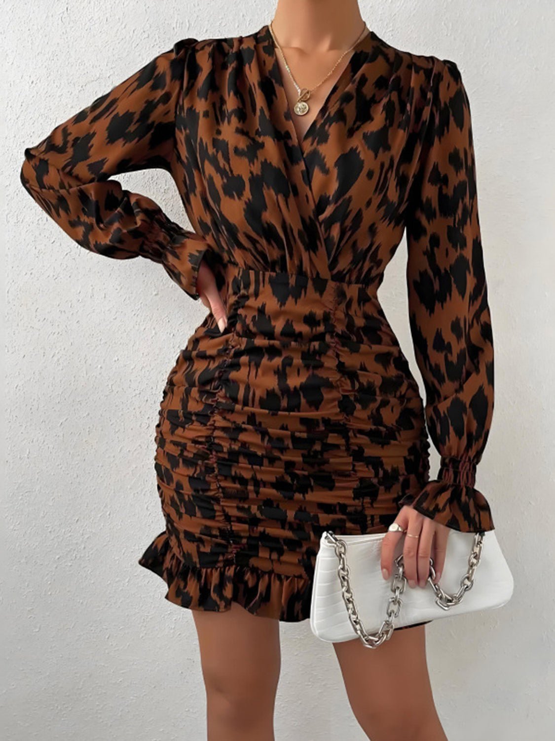 Ruched Ruffled Leopard Surplice Long Sleeve Dress - Flip Flop Dynasty