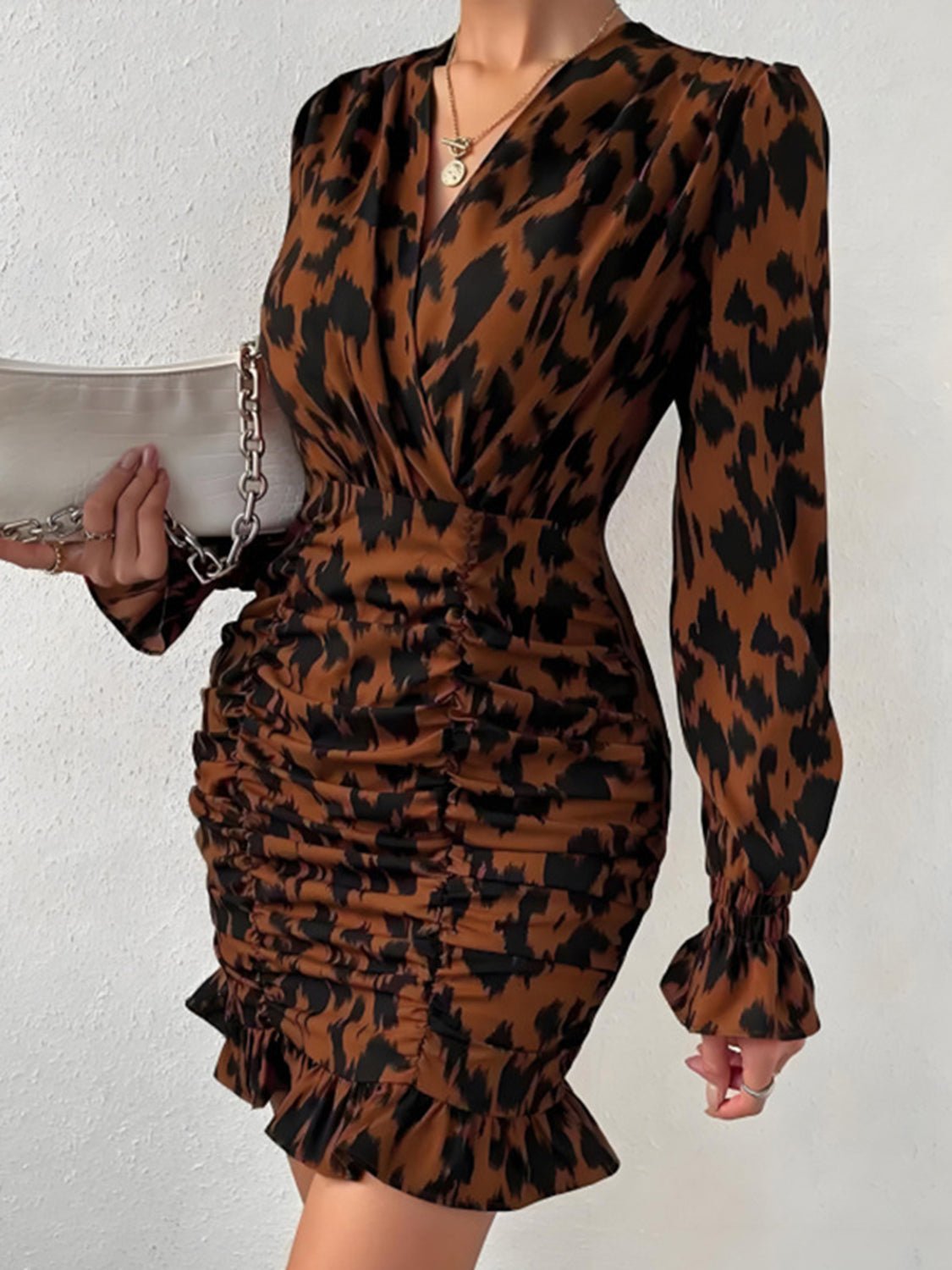 Ruched Ruffled Leopard Surplice Long Sleeve Dress - Flip Flop Dynasty