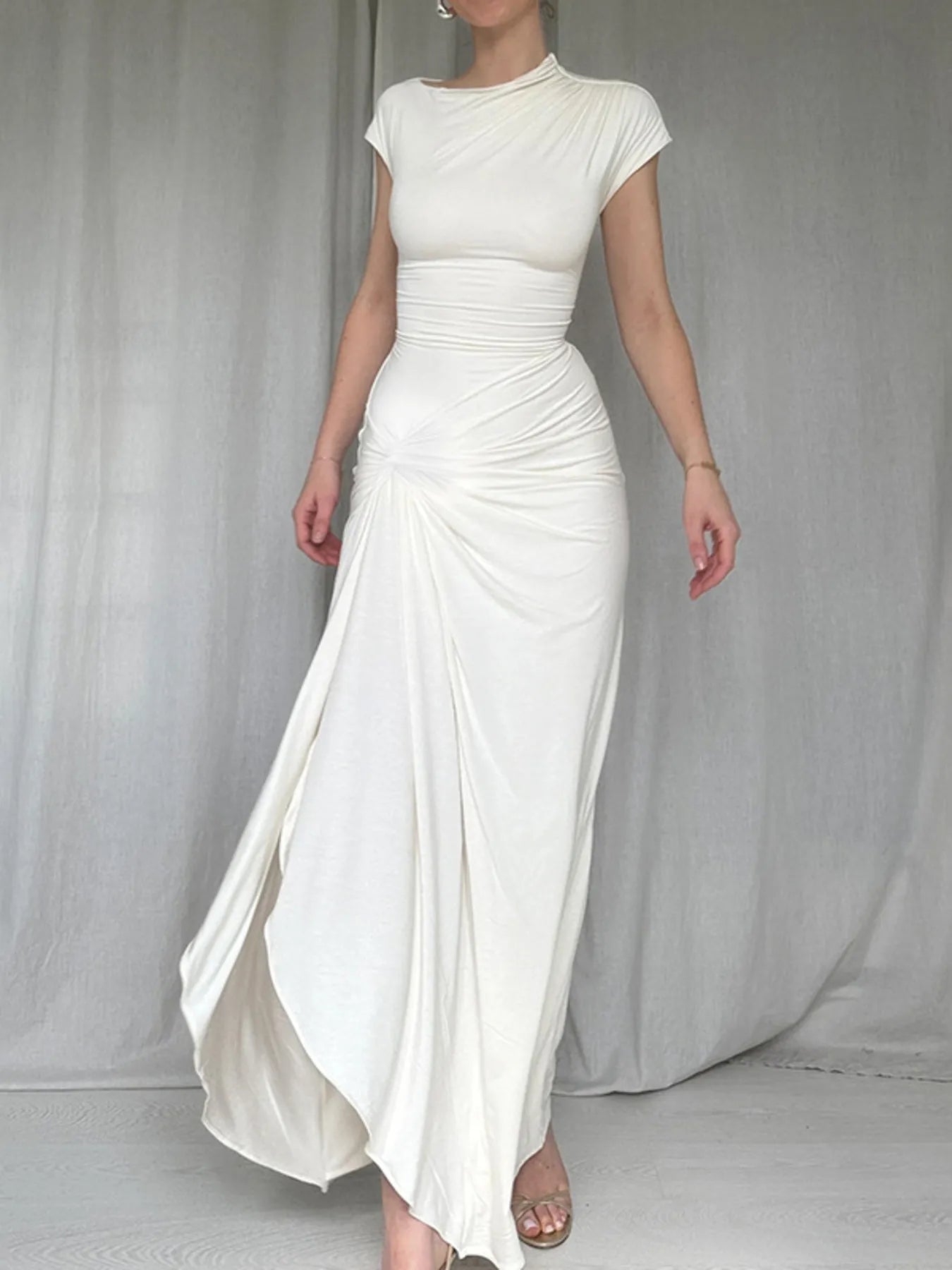 Ruched Slit Cap Sleeve Maxi Dress - Flip Flop Dynasty