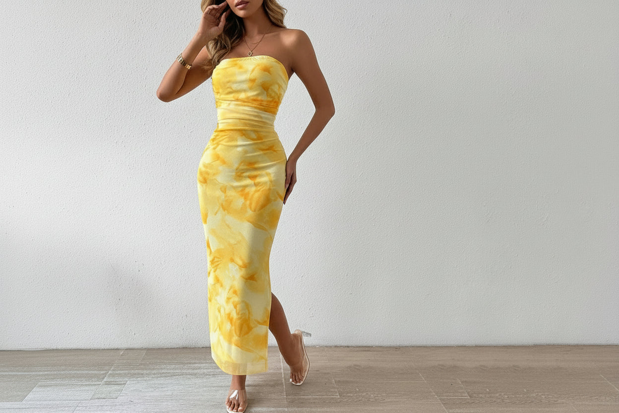 Ruched Strapless Bodycon Midi Dress - Flip Flop Dynasty