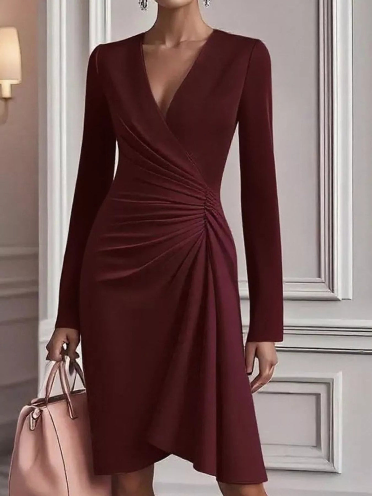 Ruched Surplice Long Sleeve Dress - Flip Flop Dynasty