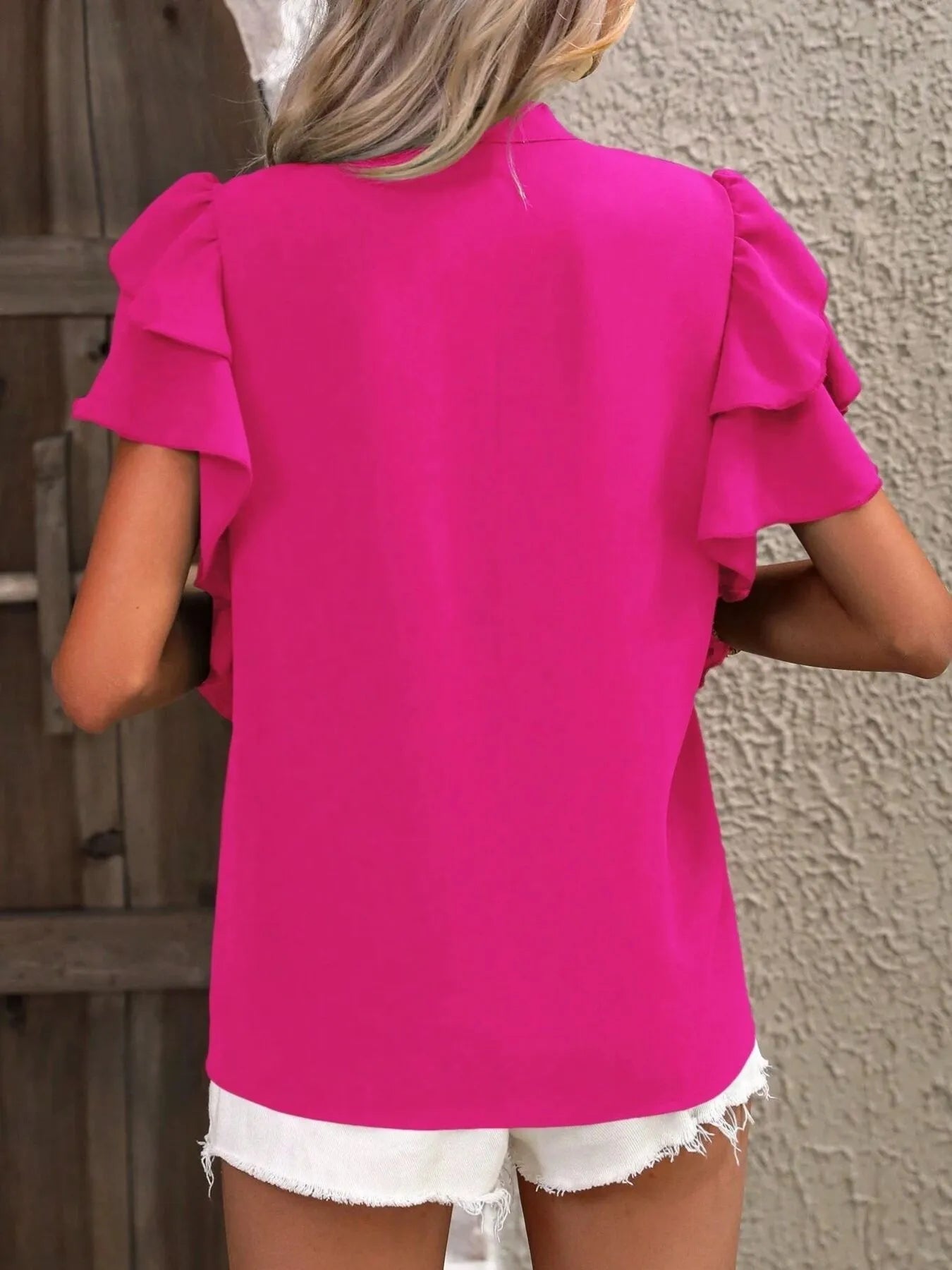 Ruffle Sleeve Notched Blouse - Flip Flop Dynasty