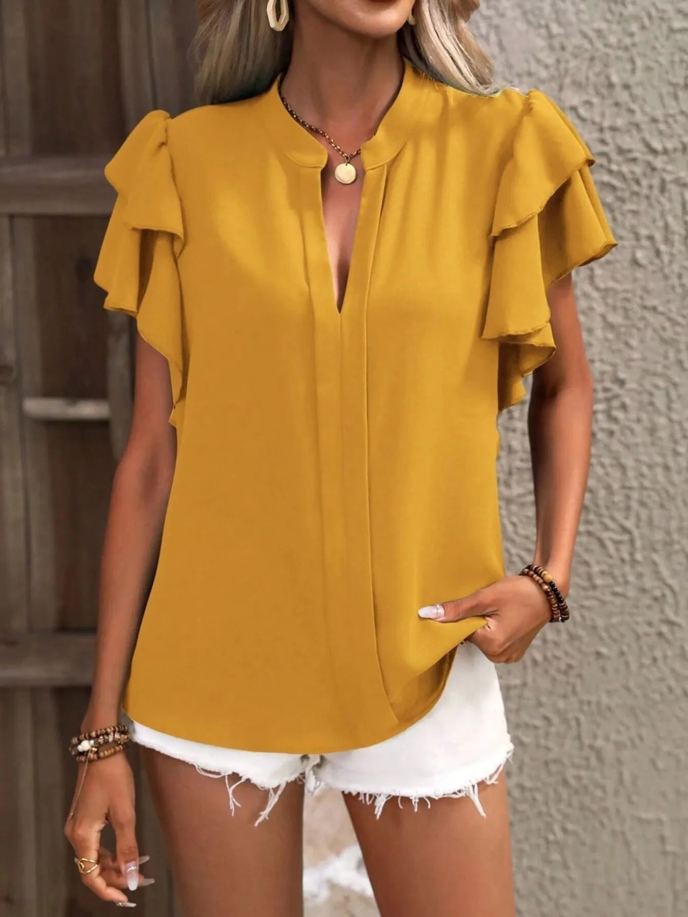 Ruffle Sleeve Notched Blouse - Flip Flop Dynasty