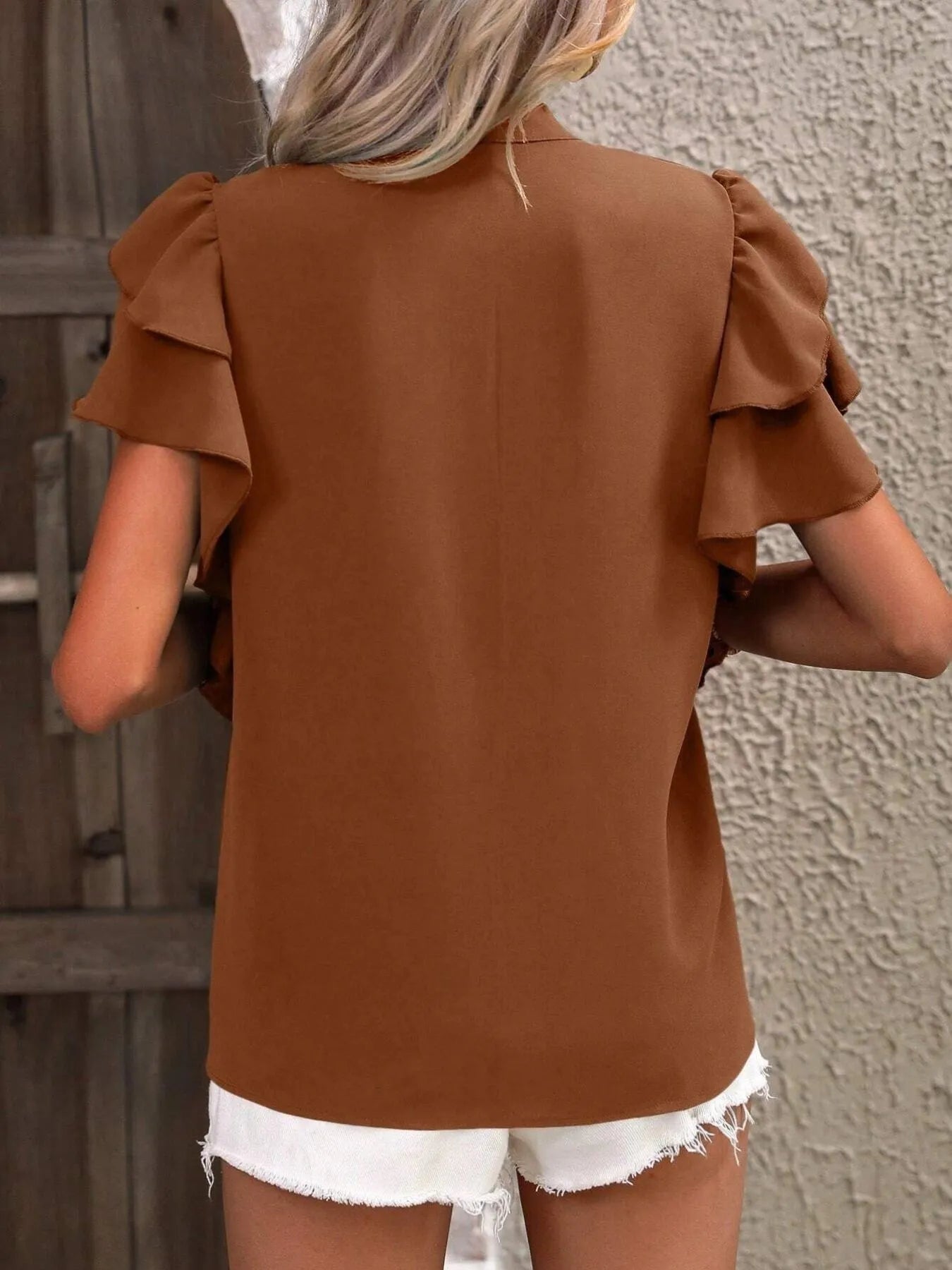 Ruffle Sleeve Notched Blouse - Flip Flop Dynasty