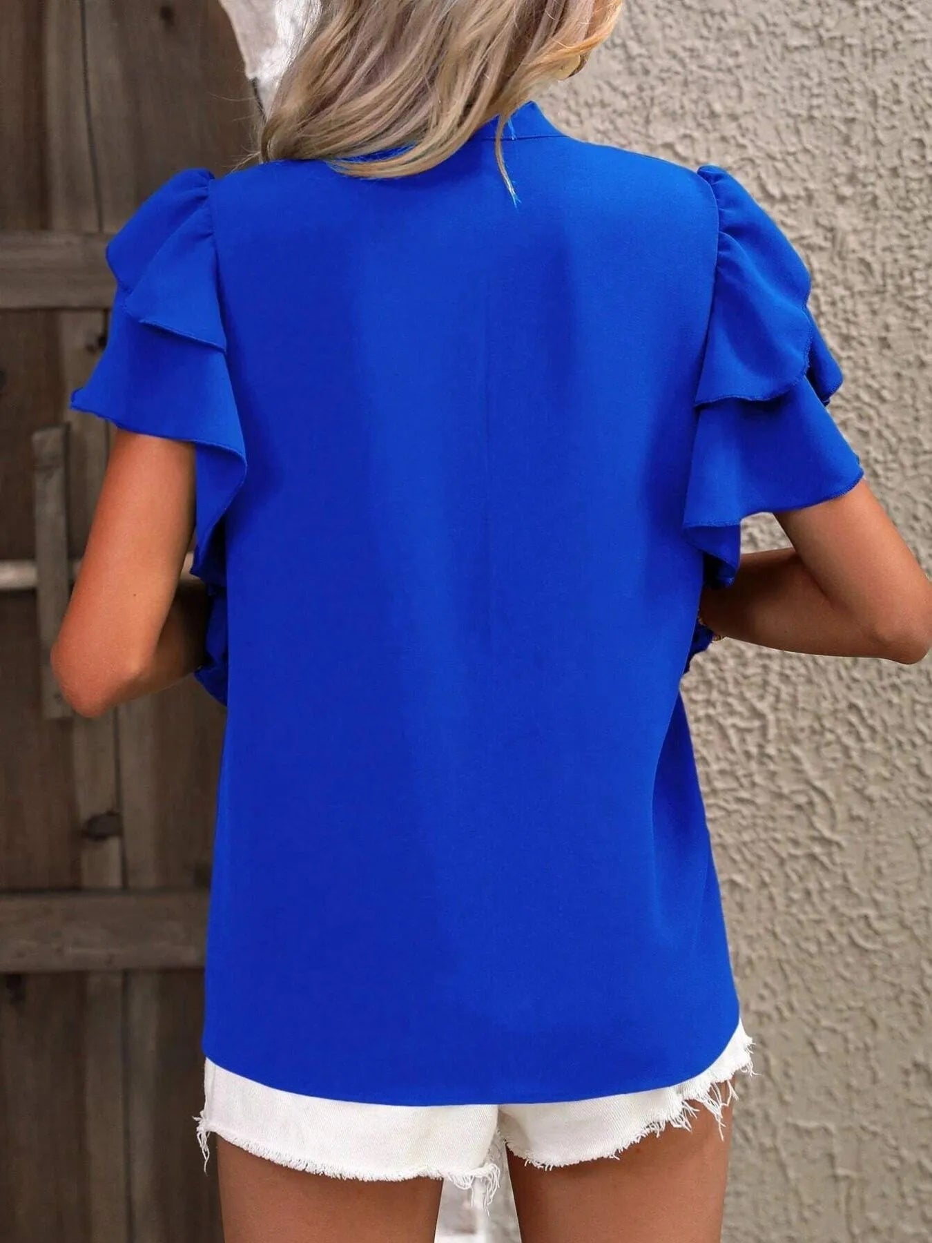 Ruffle Sleeve Notched Blouse - Flip Flop Dynasty