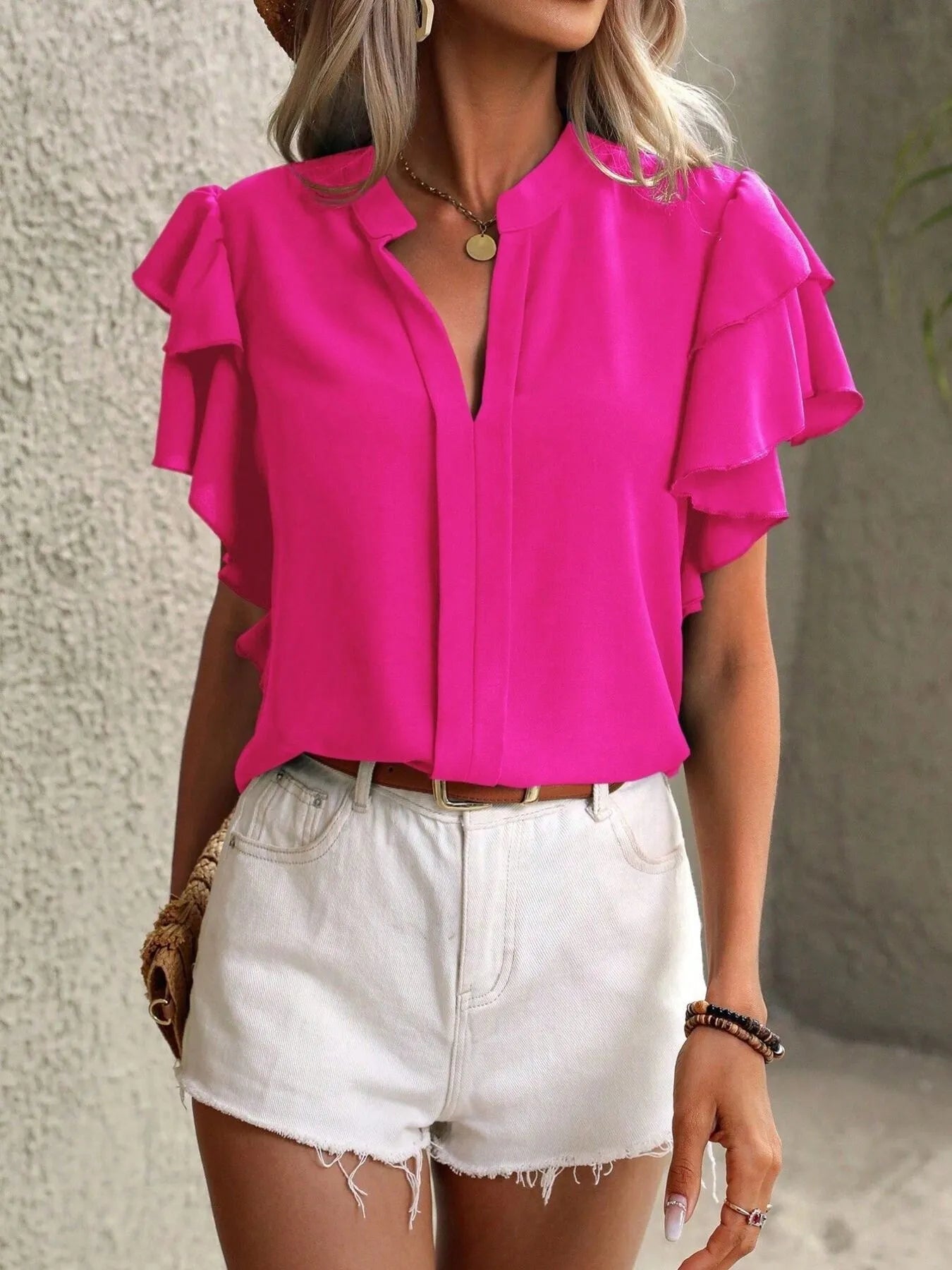 Ruffle Sleeve Notched Blouse - Flip Flop Dynasty