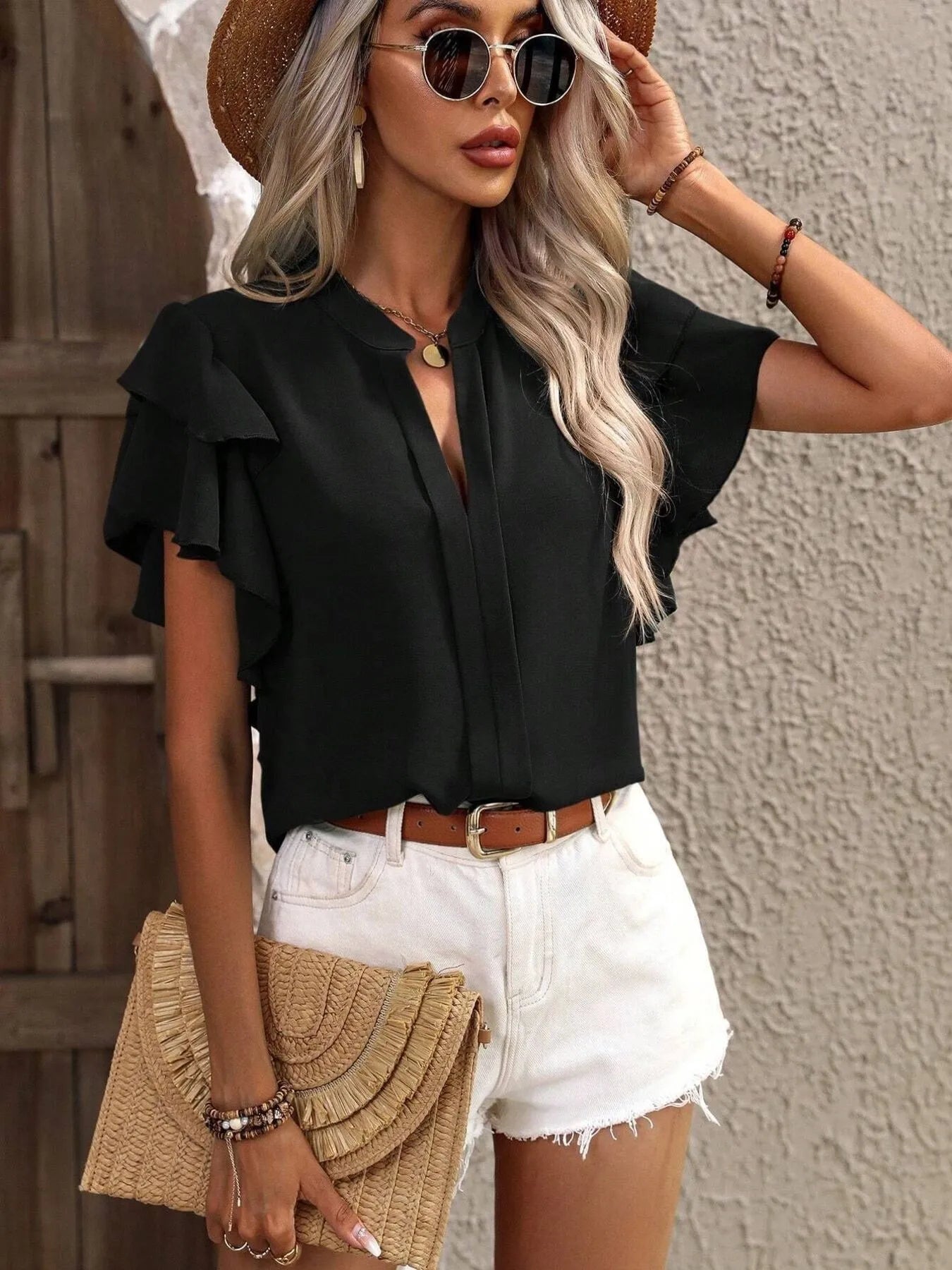 Ruffle Sleeve Notched Blouse - Flip Flop Dynasty