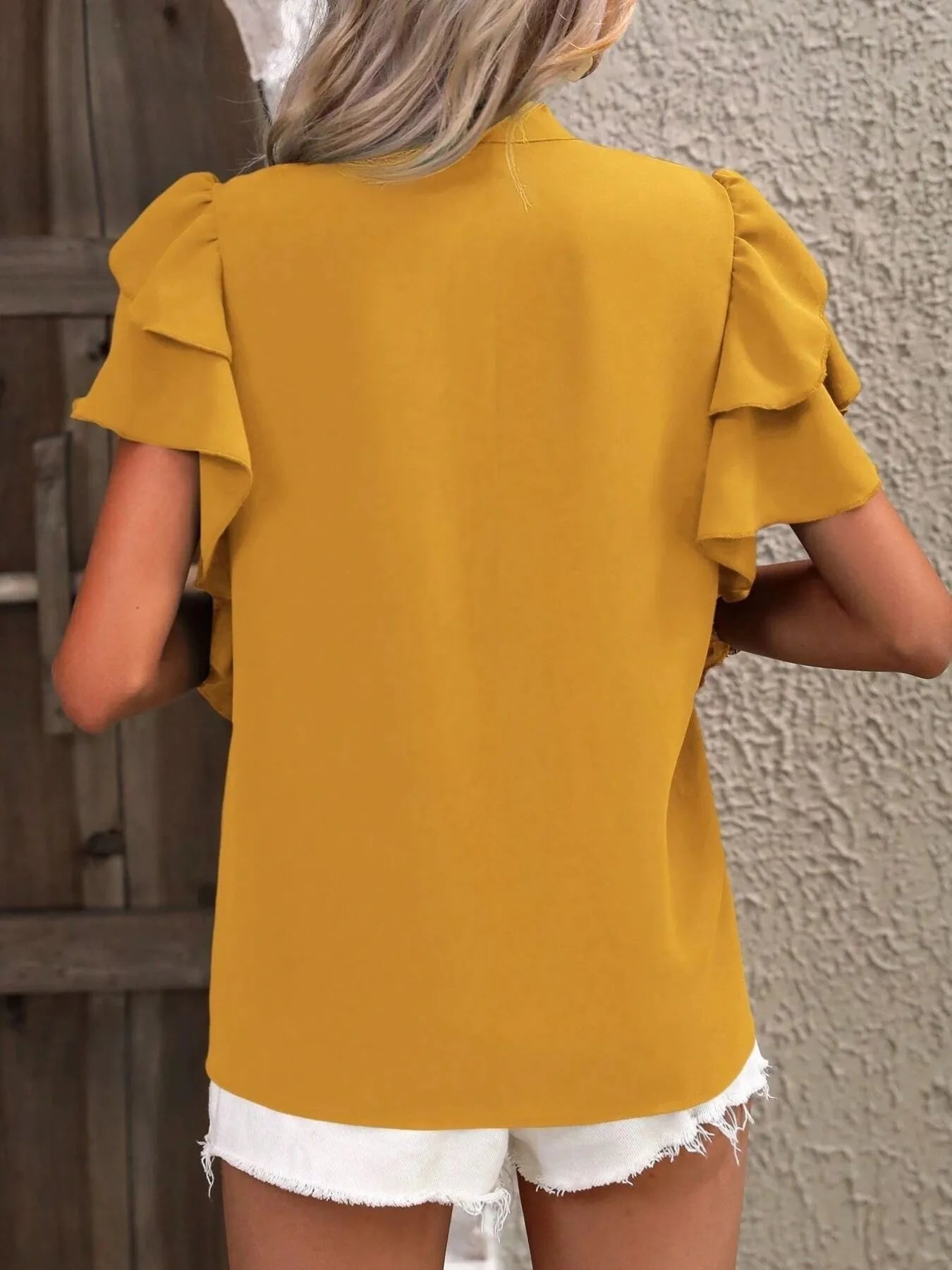 Ruffle Sleeve Notched Blouse - Flip Flop Dynasty