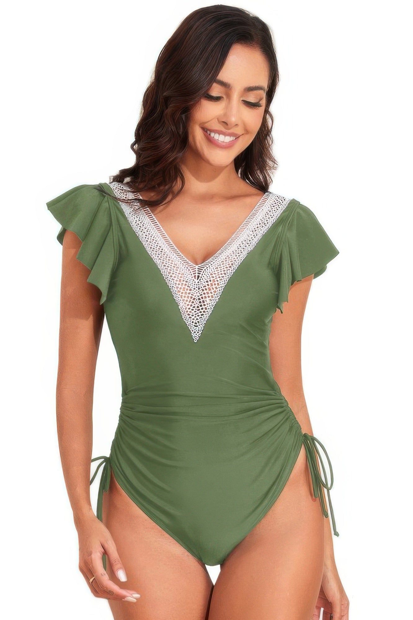 Ruffle Sleeves Lace Color Block Ruched Swimsuit - Flip Flop Dynasty