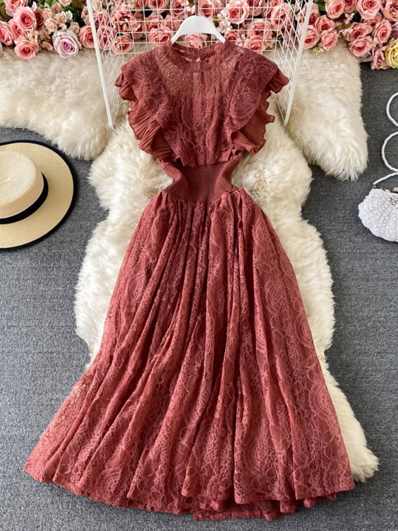 Ruffled Mock Neck Lace Maxi Dress - Flip Flop Dynasty