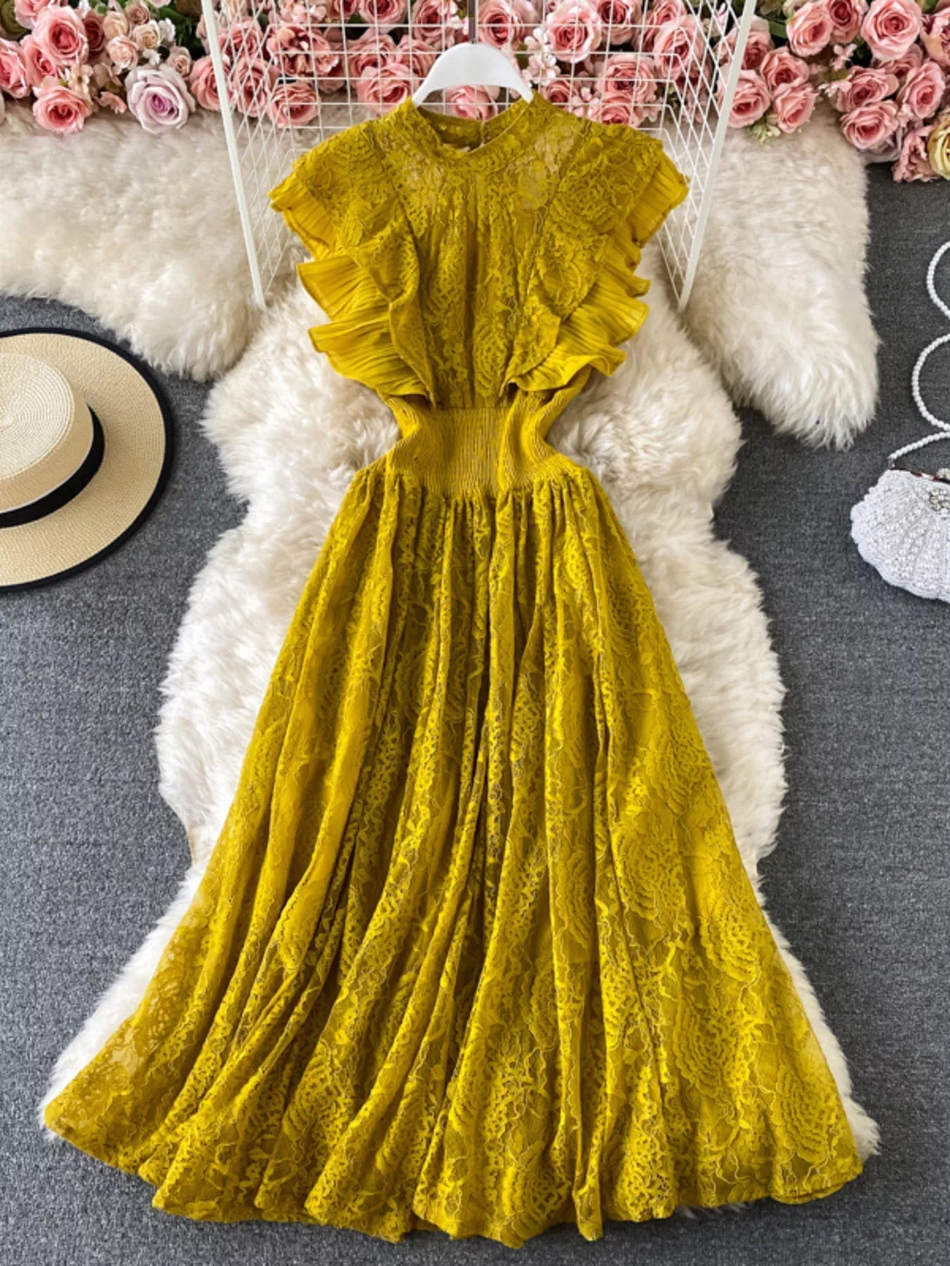 Ruffled Mock Neck Lace Maxi Dress - Flip Flop Dynasty