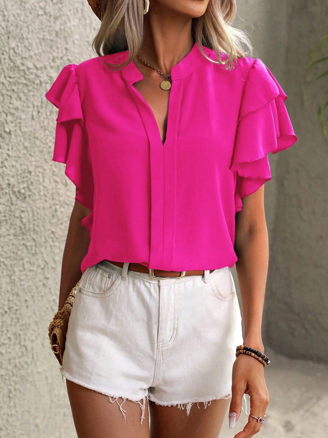 Ruffled Notched Short Sleeve Blouse - Flip Flop Dynasty