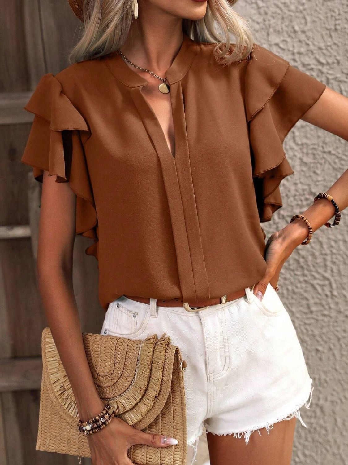 Ruffled Notched Short Sleeve Blouse - Flip Flop Dynasty