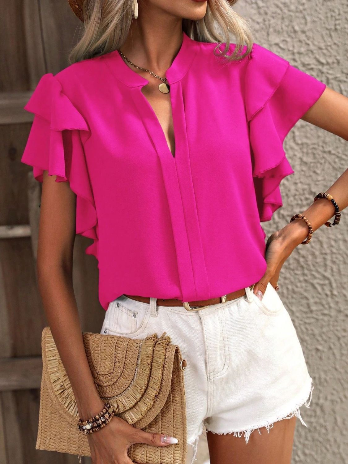 Ruffled Notched Short Sleeve Blouse - Flip Flop Dynasty