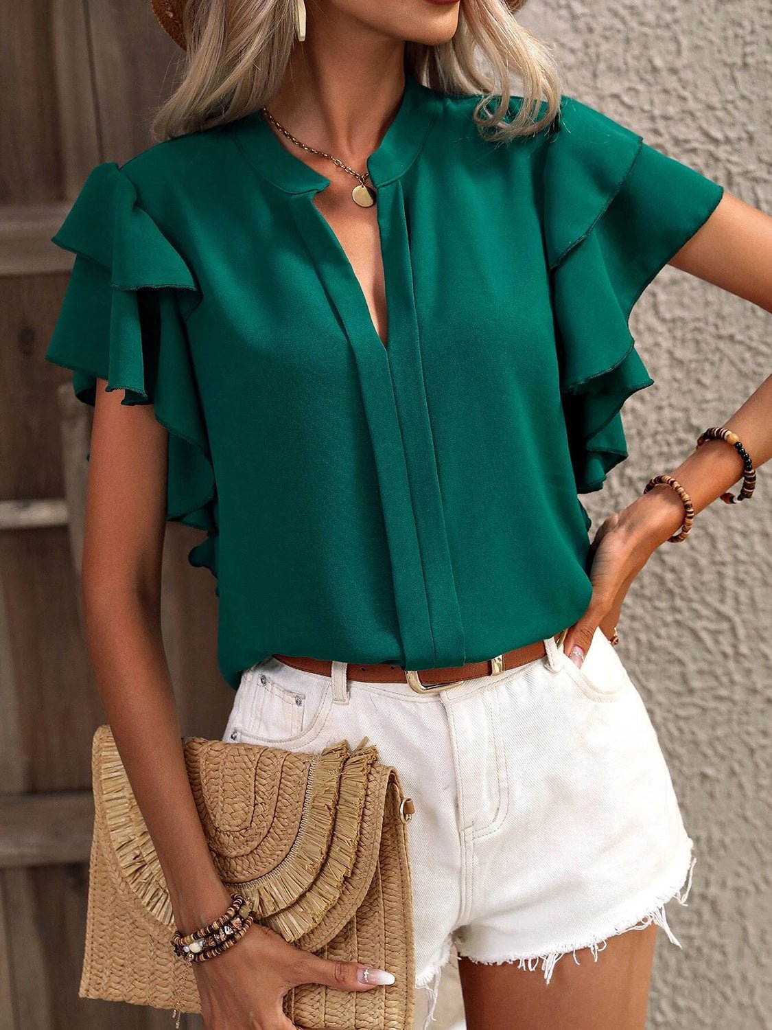 Ruffled Notched Short Sleeve Blouse - Flip Flop Dynasty