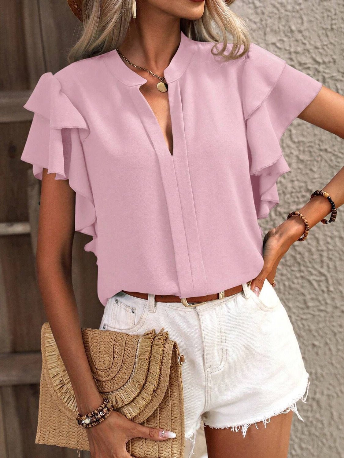 Ruffled Notched Short Sleeve Blouse - Flip Flop Dynasty