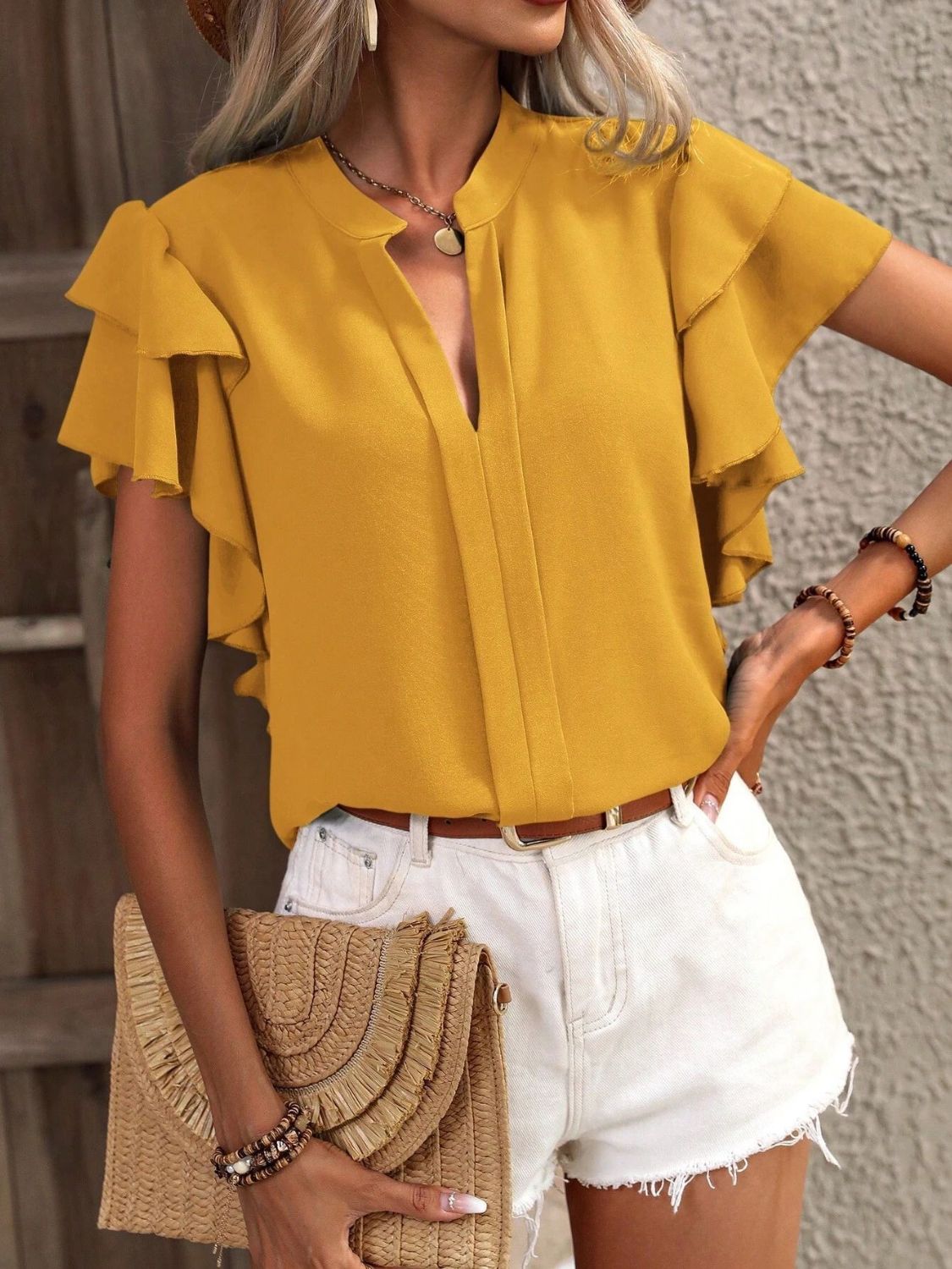 Ruffled Notched Short Sleeve Blouse - Flip Flop Dynasty