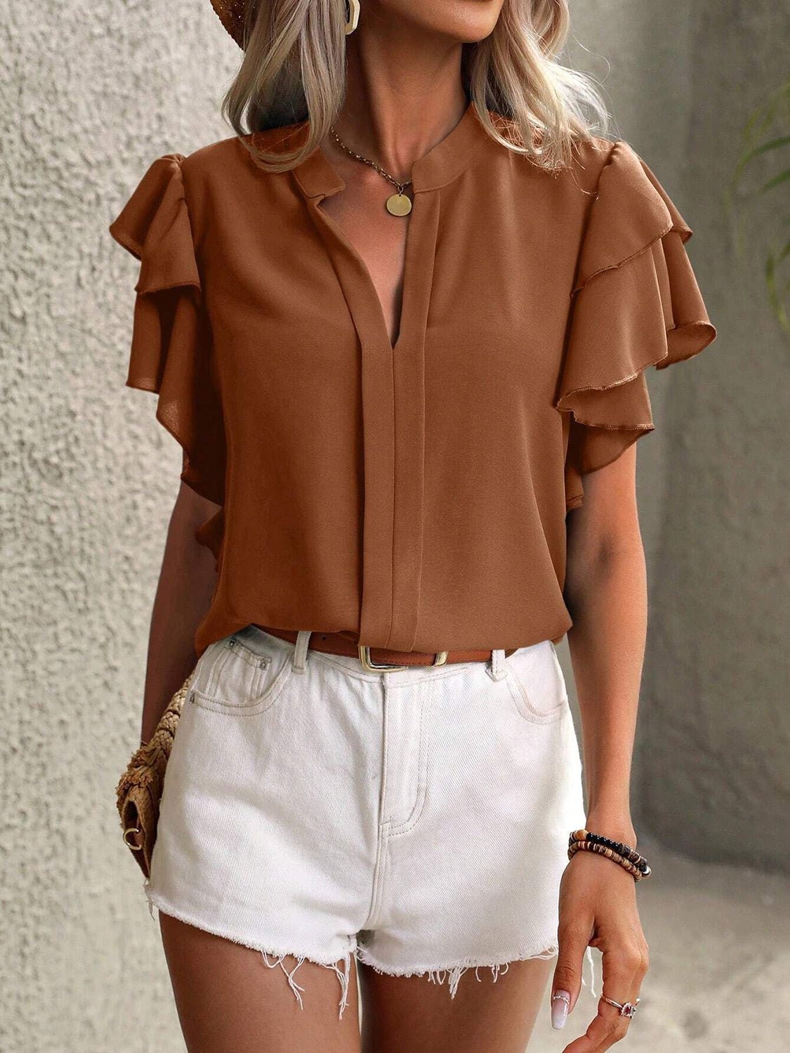 Ruffled Notched Short Sleeve Blouse - Flip Flop Dynasty