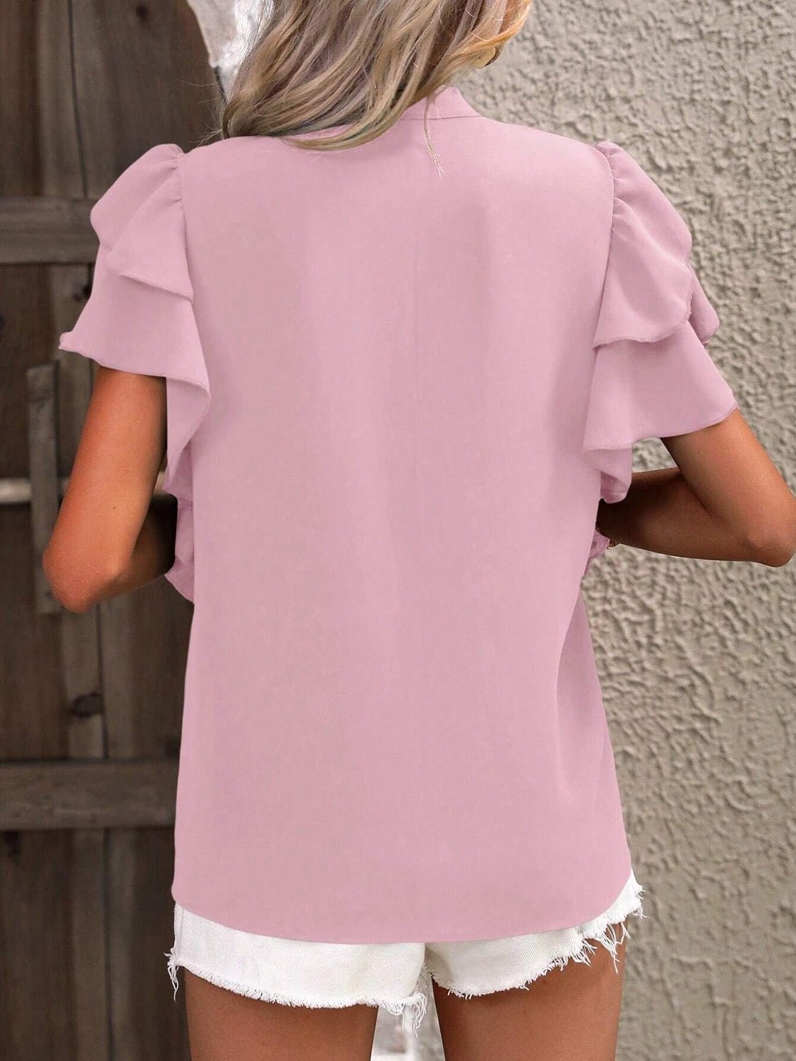 Ruffled Notched Short Sleeve Blouse - Flip Flop Dynasty