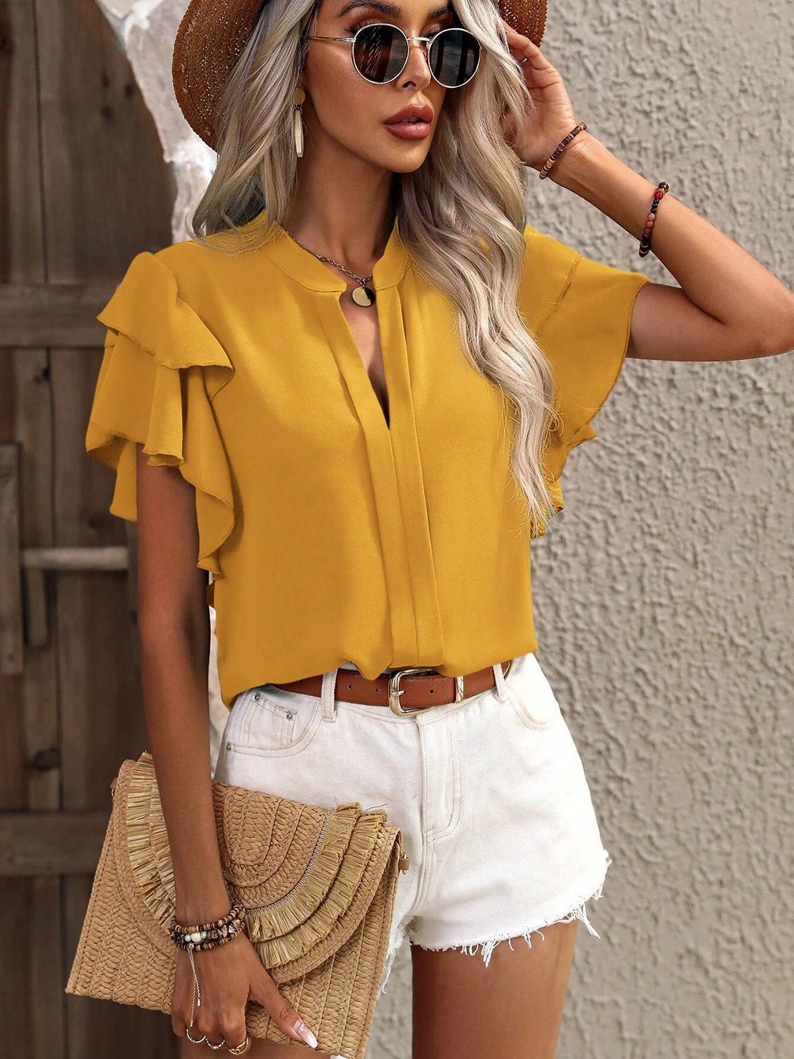 Ruffled Notched Short Sleeve Blouse - Flip Flop Dynasty