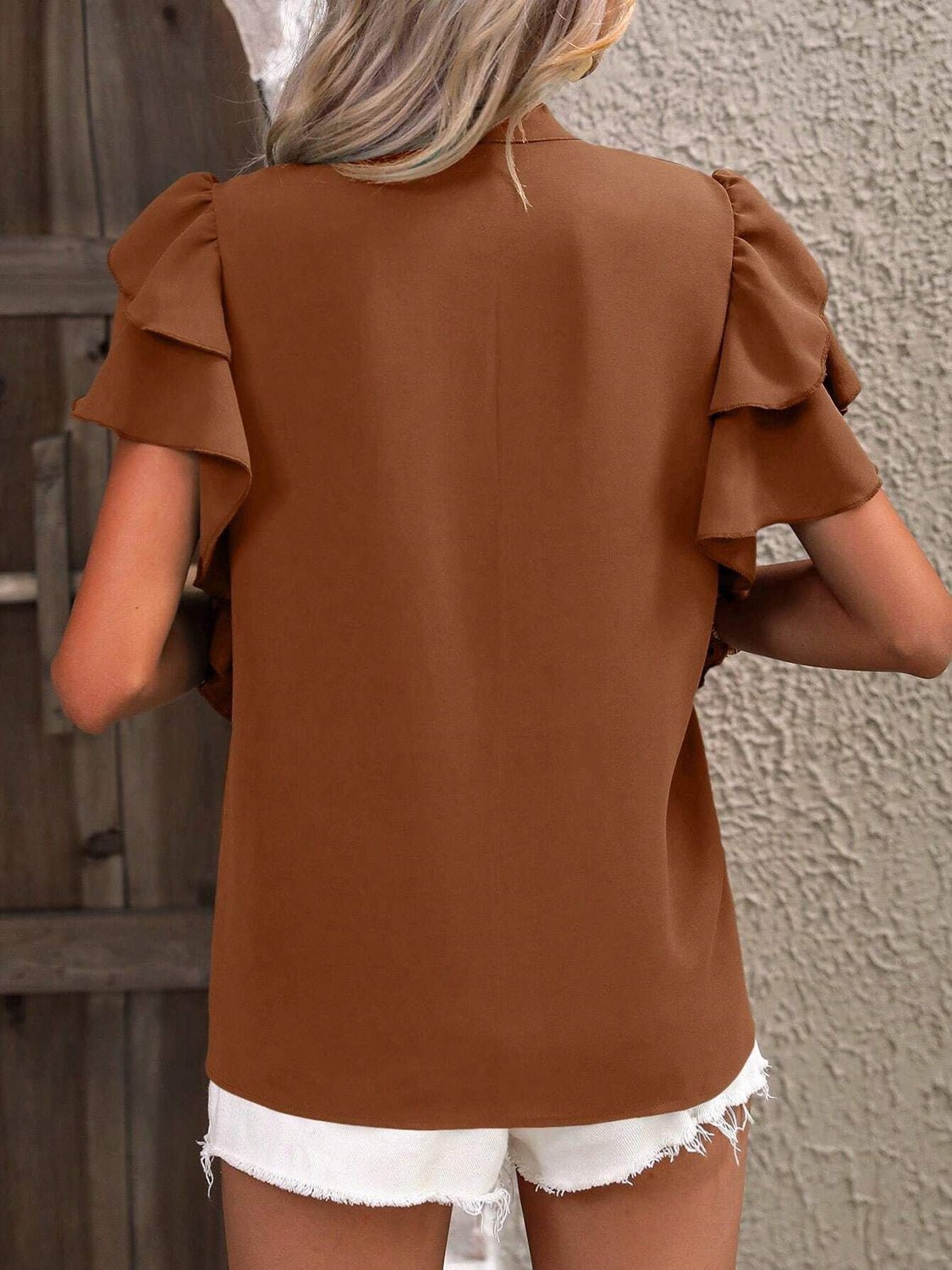 Ruffled Notched Short Sleeve Blouse - Flip Flop Dynasty