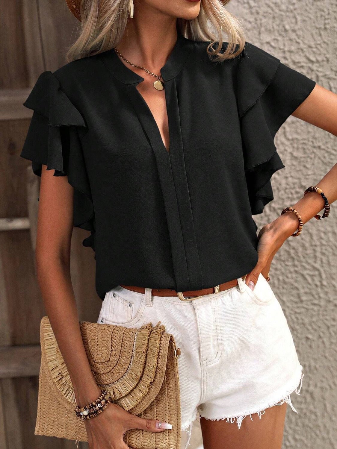 Ruffled Notched Short Sleeve Blouse - Flip Flop Dynasty