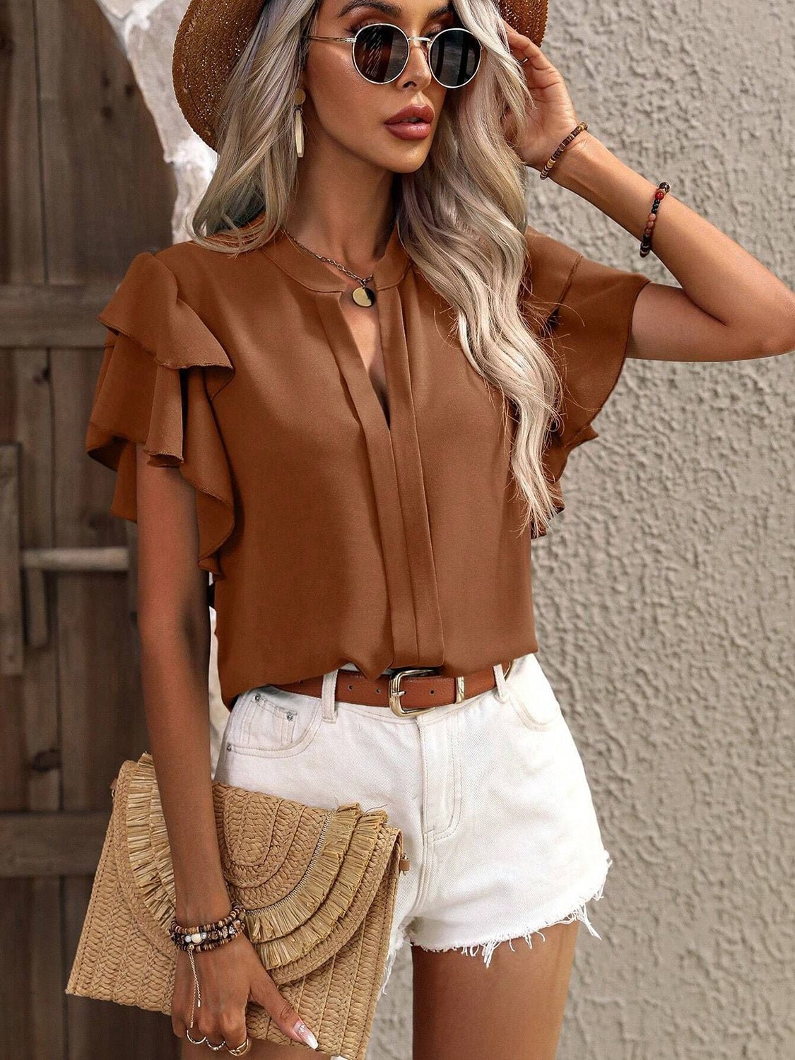 Ruffled Notched Short Sleeve Blouse - Flip Flop Dynasty