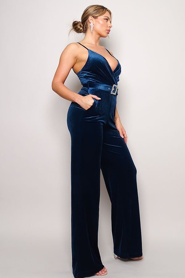 Samba Rhinestone Belt Velvet Jumpsuit - Flip Flop Dynasty