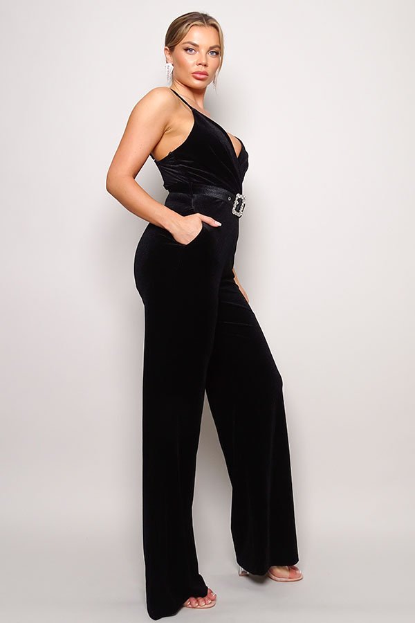 Samba Rhinestone Belt Velvet Jumpsuit - Flip Flop Dynasty