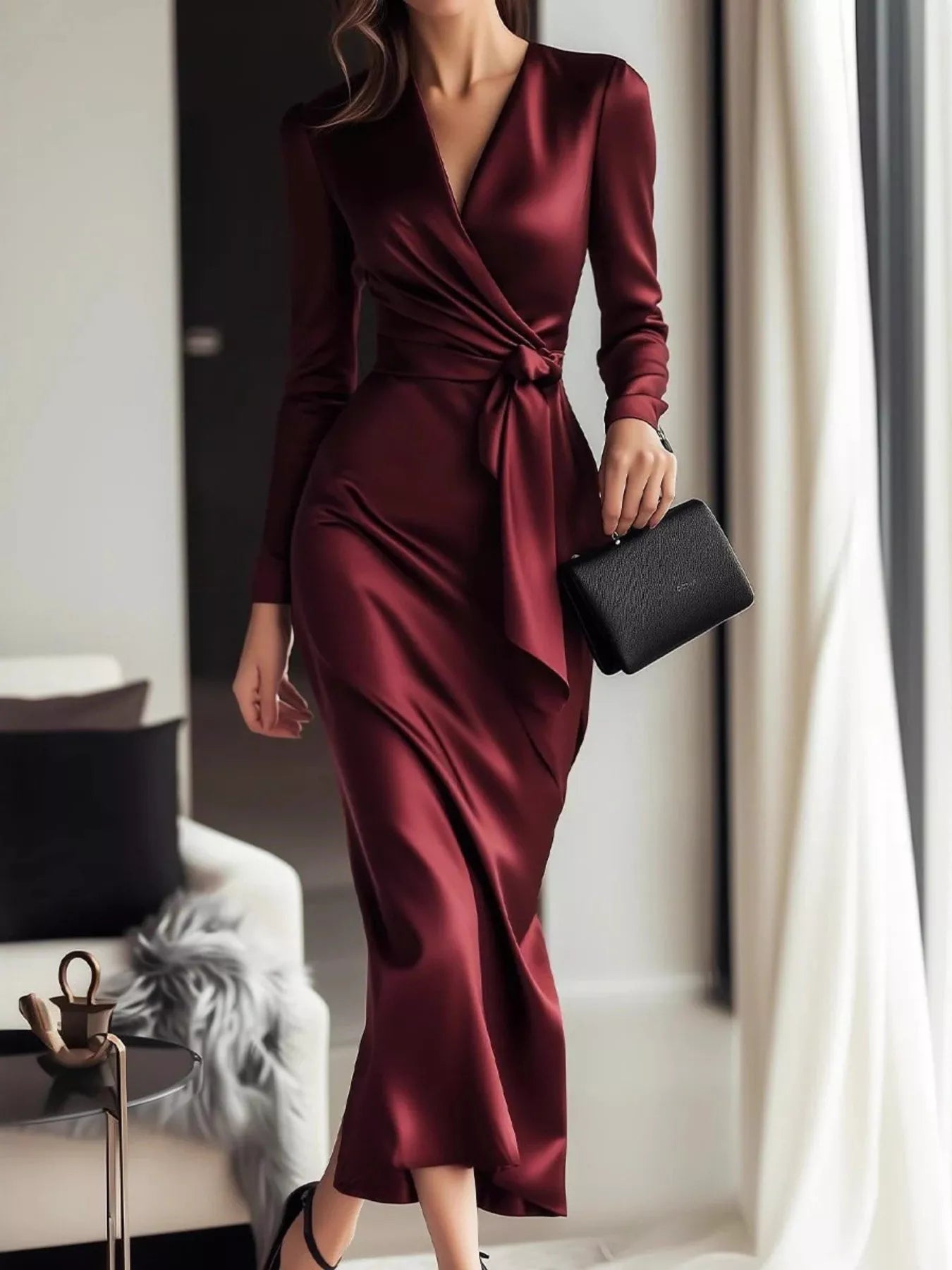 Satin Wrap Long Sleeve Midi Dress - Flip Flop Dynasty