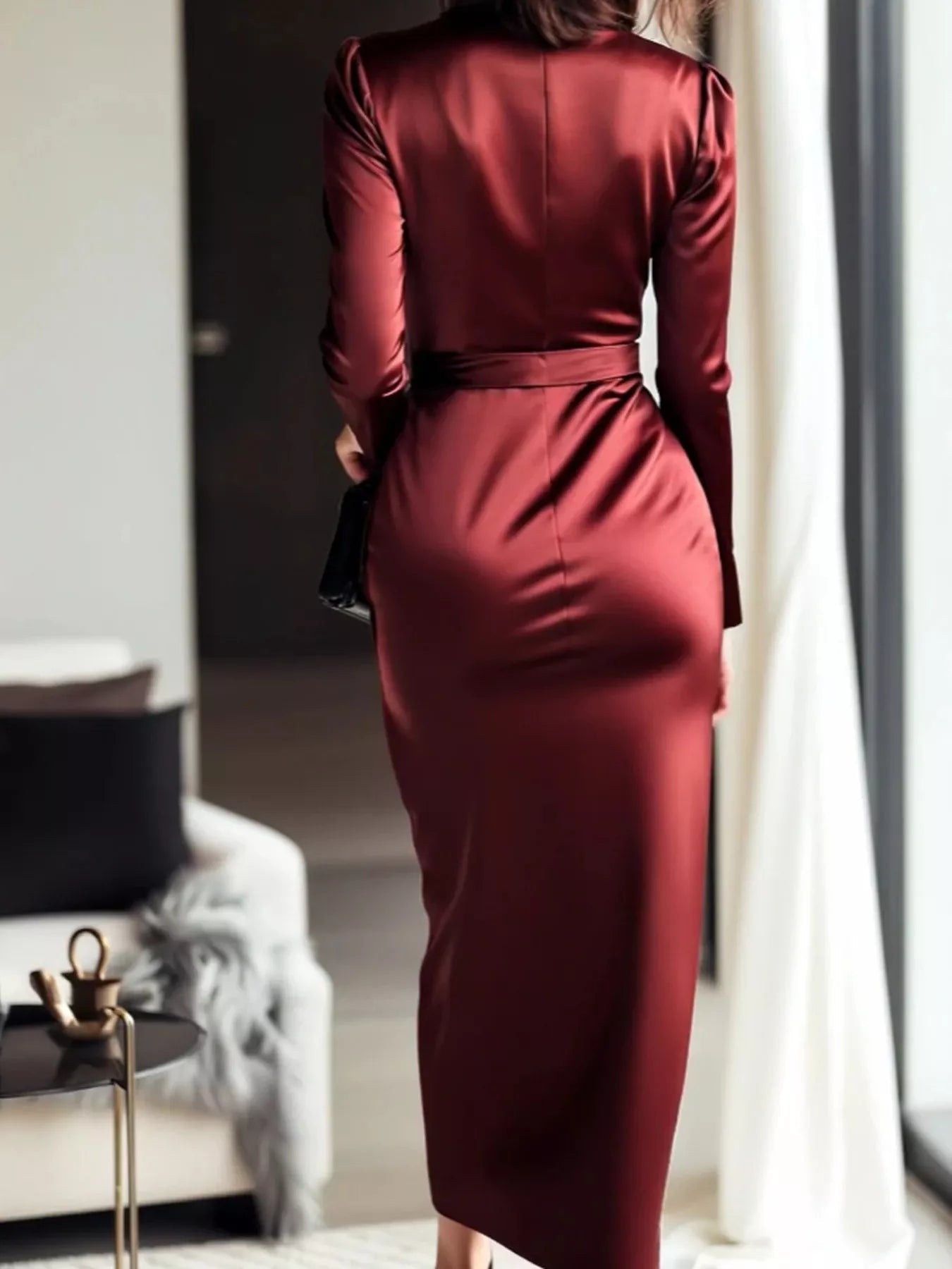 Satin Wrap Long Sleeve Midi Dress - Flip Flop Dynasty