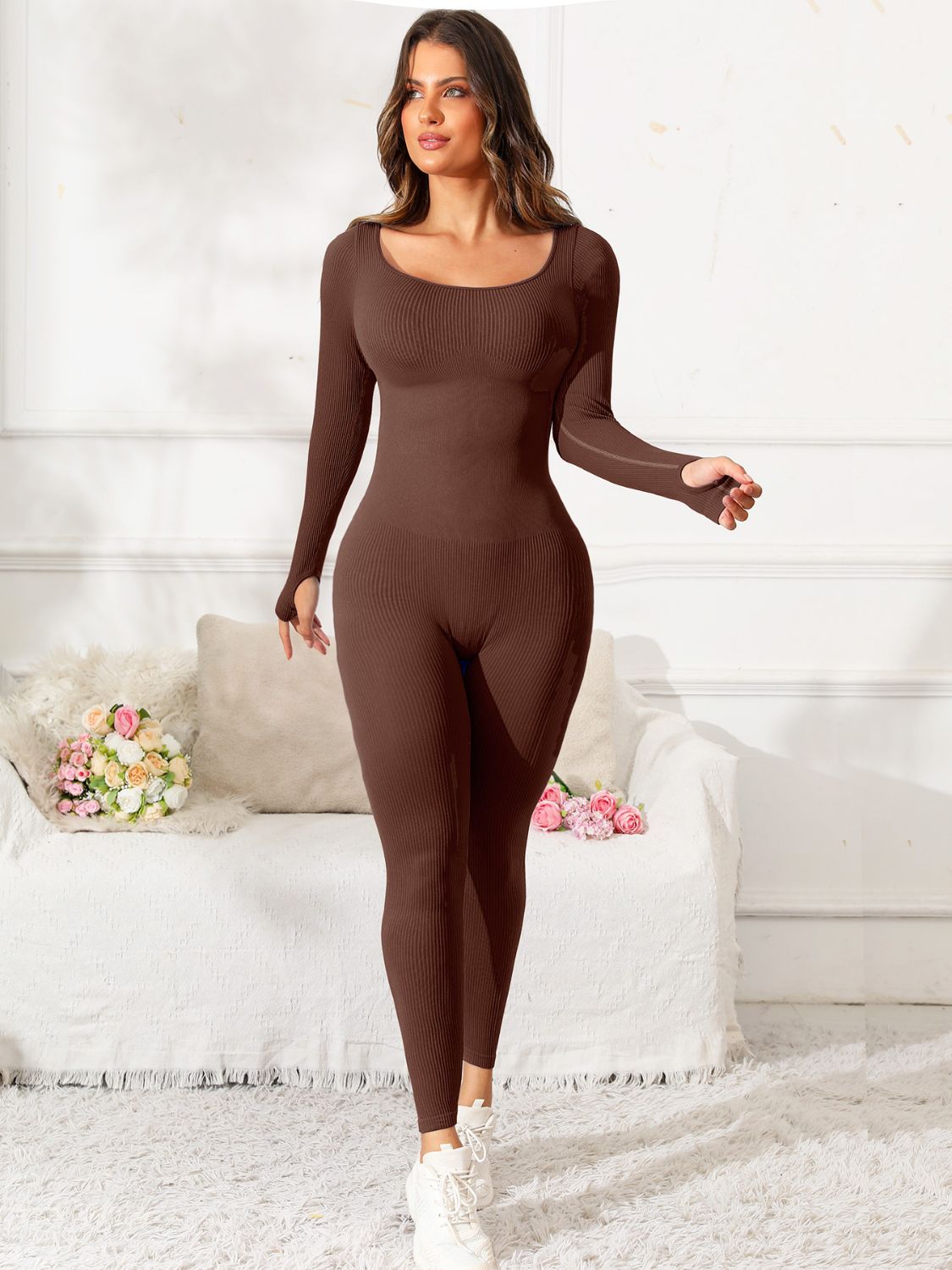 Scoop Neck Long Sleeve Active Jumpsuit - Flip Flop Dynasty